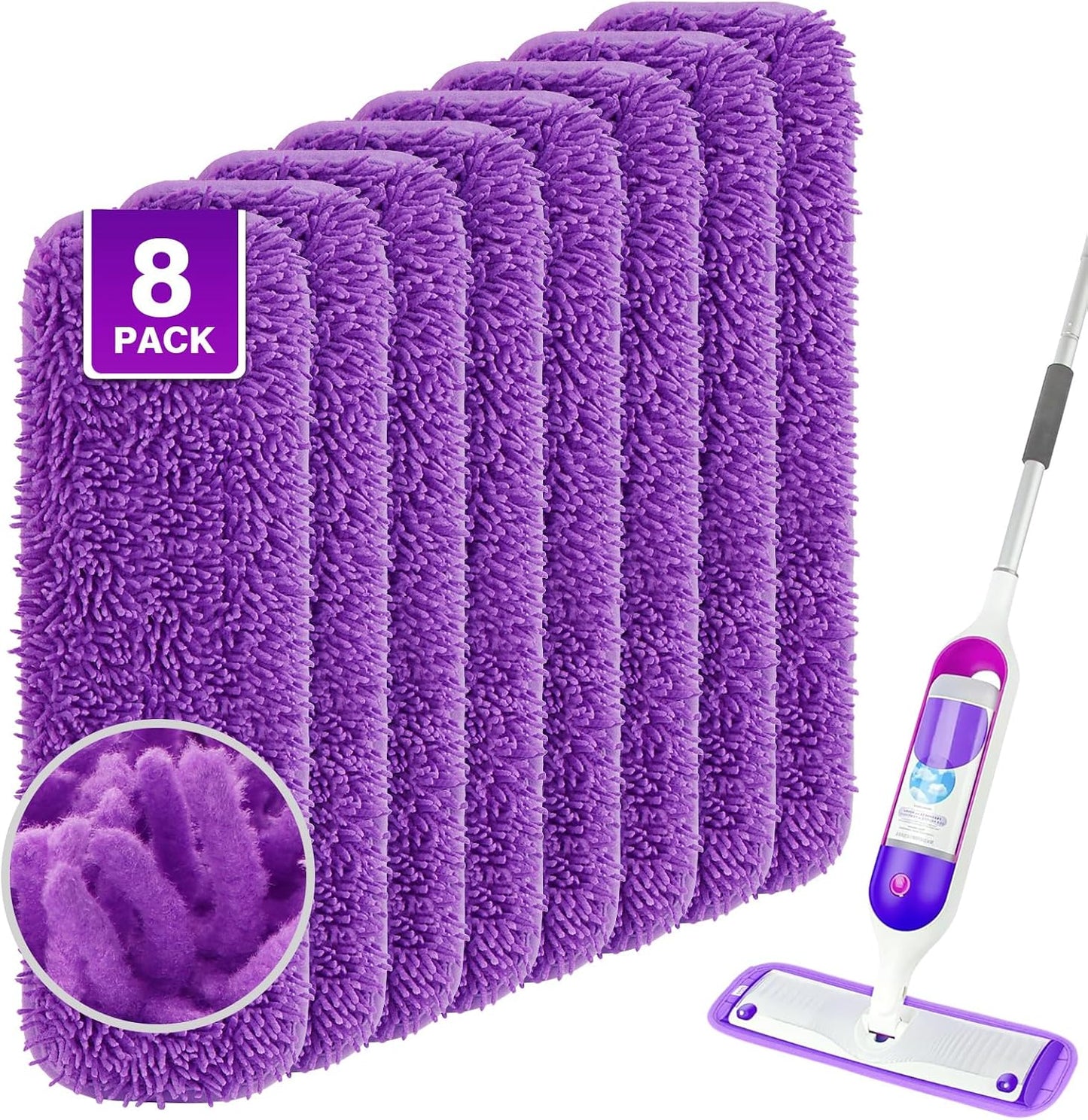 Reusable Mop Pads for Swiffer PowerMop, 8 Pack Microfiber Mop Pad Refill with Scrubber Strips for 13''-15'' SprayMop, Washable Mop Pads Use for Most Floor Types, Designed for Pets - Purple