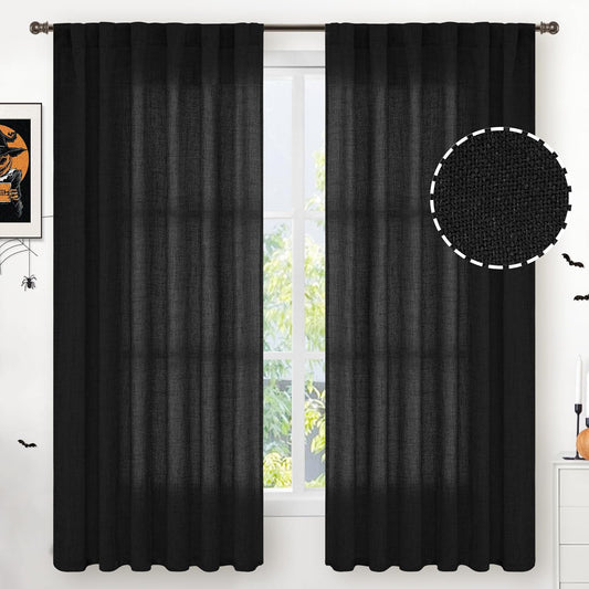 YoungsTex Black Linen Curtains 63 inch Length 2 Panels for Living Room, Back Tab and Rod Pocket Semi Sheer Drapes Light Filtering for Bedroom Gothic Decorative, 52 X 63 Inch