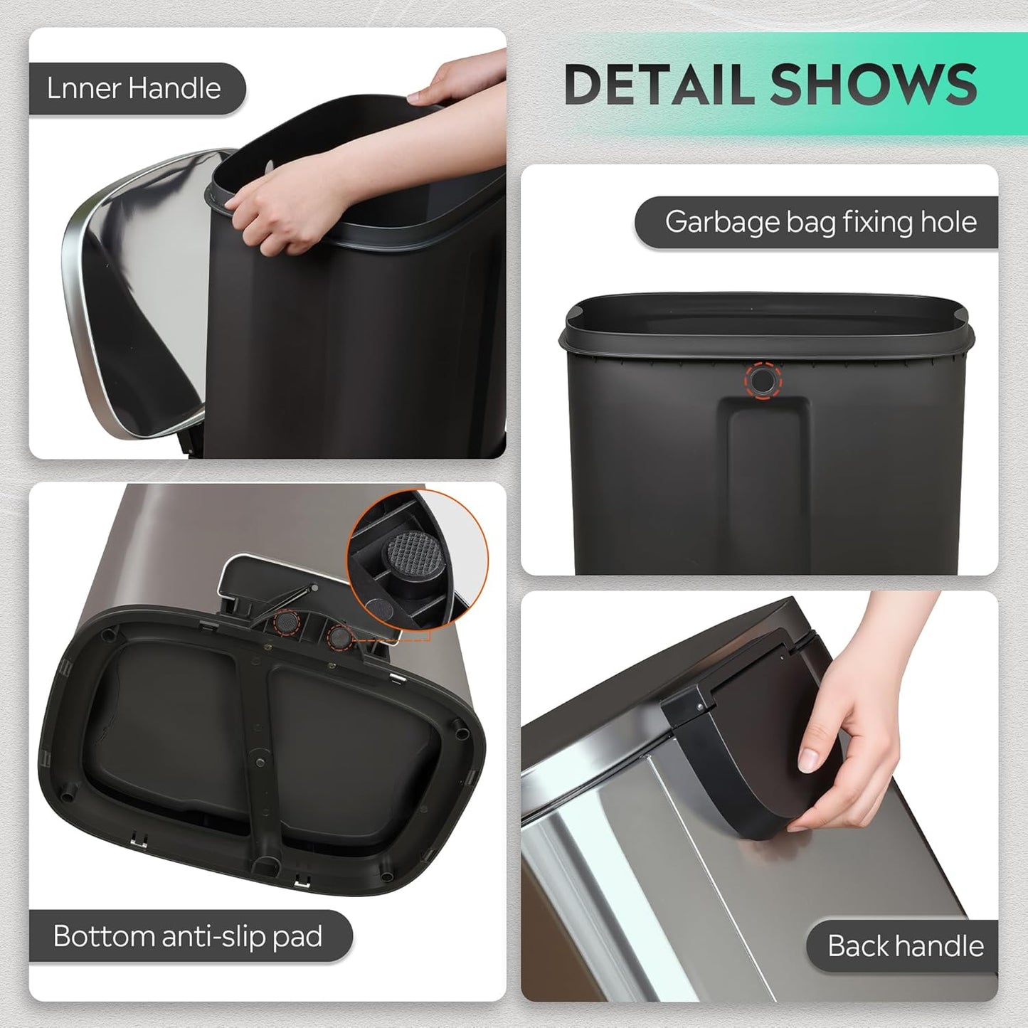 WLIVE 13 Gallon Stainless Steel Trash Can with Inner Bucket, Kitchen Garbage Can with Lid, 50L Soft Close Step Trash Can with Metal Foot for Home, Kitchen, Laundry Room, Office, Silver