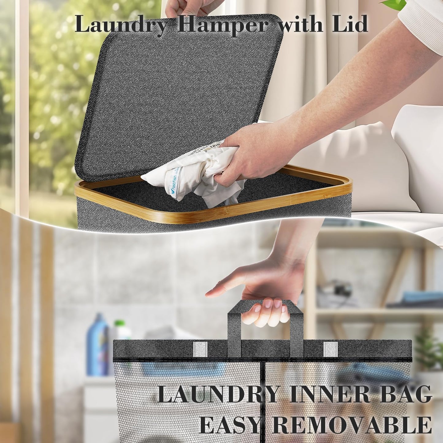 Laundry Hamper with Wheels,20 Gal (75L) Laundry Basket with lid Rolling Clothes Hamper Foldable Dirty Clothes Basket on wheels with Bamboo Frame and Bag for Bedroom, Dorm, Laundry Room-Grey