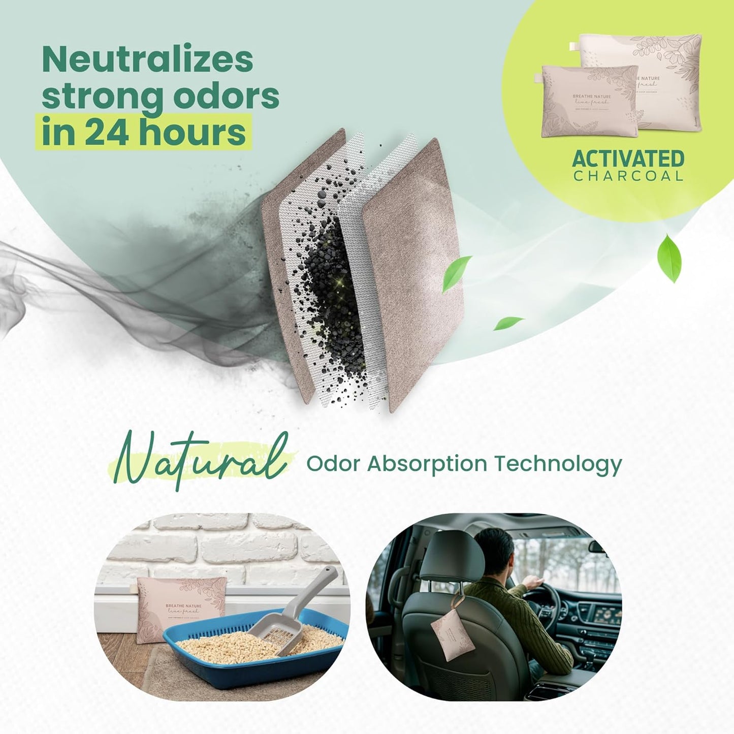 Roonin Activated Charcoal Odor Absorber - Bamboo Charcoal Air Purifying Bag - Activated Charcoal Bags Odor Absorber Packets - Home Deodorizer Odor Eliminator (4-pack)