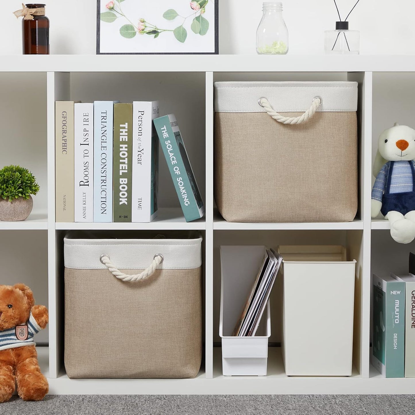 Temary Fabric Storage Baskets 2 Pack Decorative Storage Bins Basket for Gifts Empty Shelf Baskets with Handles for Organizing Home Closet, Towels (White&Khaki,16Lx12Wx12H Inches)