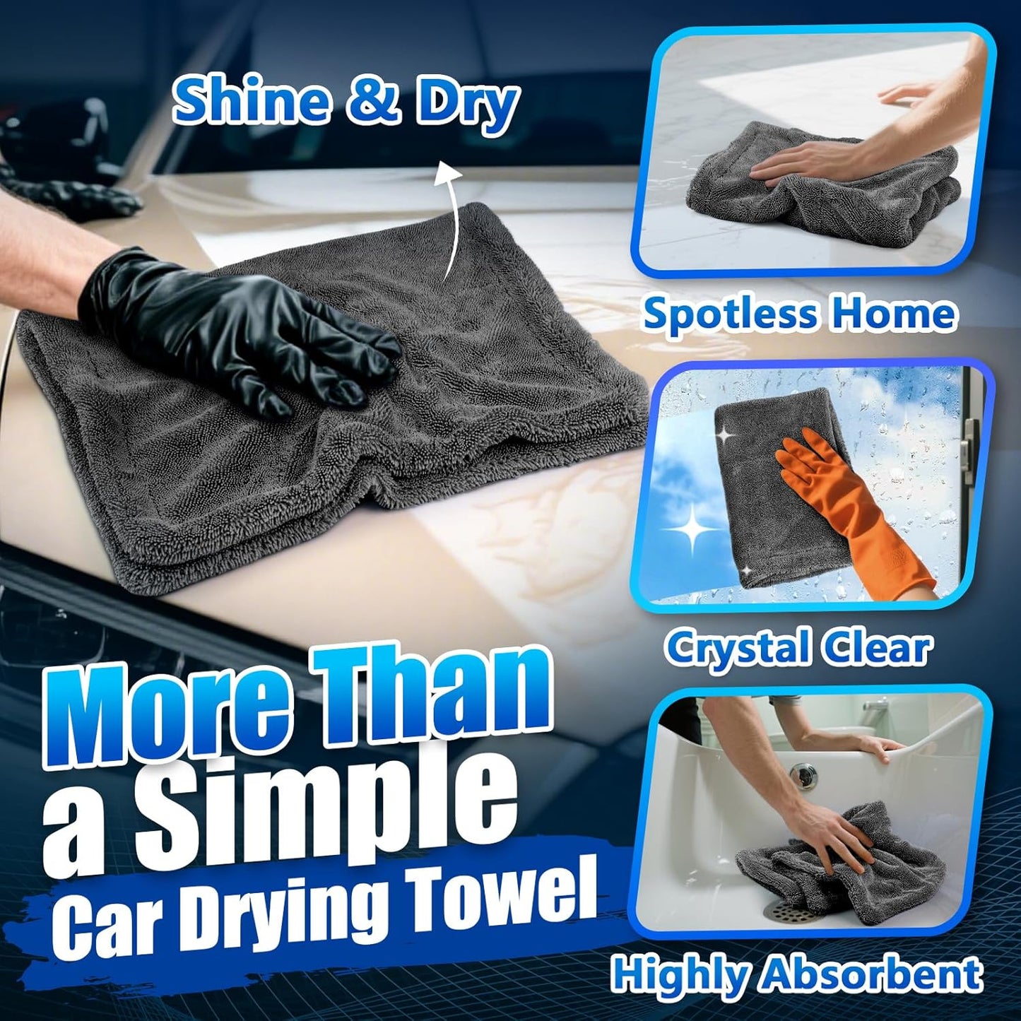 Airlab Car Drying Towel Microfiber Towels for Cars 1200 GSM Wash Auto Detailing Supplies Twist Pile Cleaning Cloth Absorbent Quick Dry Soft Loop Dry Flash Towel, 24 x 16 Inch, Pack of 1, Grey