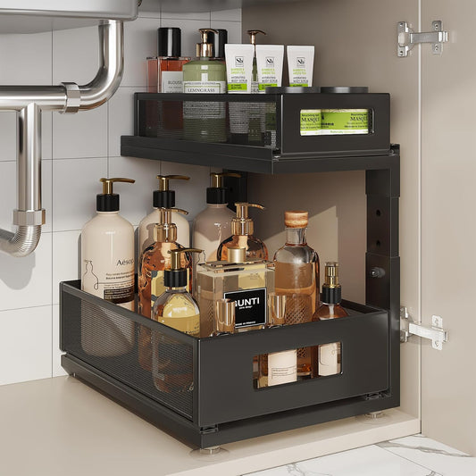 1 Pack 15.74IN-Depth Under Sink Organizer With Next-Gen Ball-Bearing Slides,2-Tier Pull Out Cabinet Storage,Height Adjustable Drawer Shelf for Bathroom,Kitchen,Laundry,Cabinet,Pantry-Black