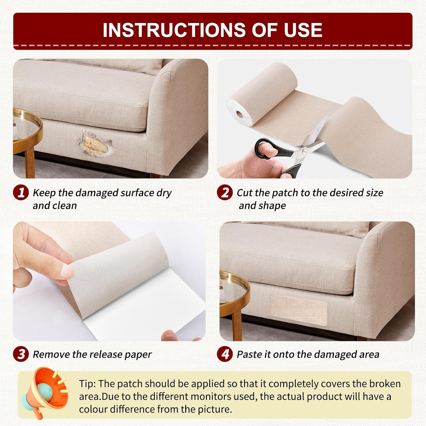 Linen Repair Tape 16x90 inch, Self Adhesive Fabric Patches, Linen Patch Tape Kit, Fabric Repair Tape for Couch Sofas, Headboards, Chairs, Pillows, Curtains, Couches - Light Brown