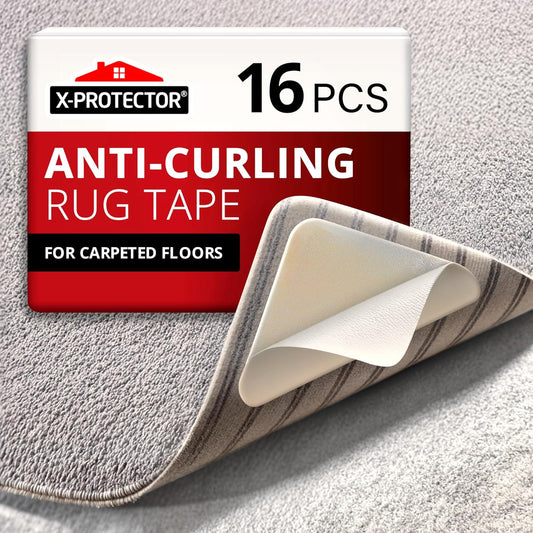 X-Protector Rug Tape for Carpet - 16 Pcs Set - White Anti-Slip & Anti-Curling Carpet Tape for Rugs - Premium Rug Pad Gripper - Ideal Carpet Corner Grippers to Keep Your Rugs & Make Corners Flat