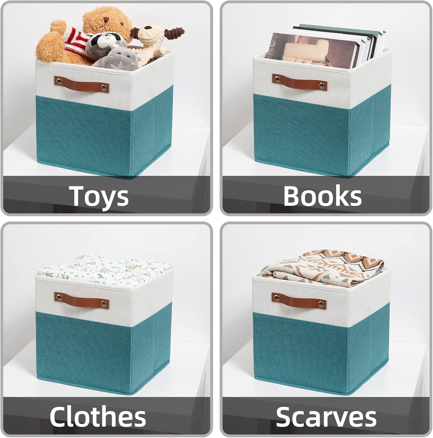 HNZIGE Fabric Storage Cube Bins Baskets for Organizing, 11 inch Cube Storage Bins, Set of 4, Collapsible Storage Bin with Handles, Closet Organizers and Storage Home Toy Nursery Bedroom(White Teal)