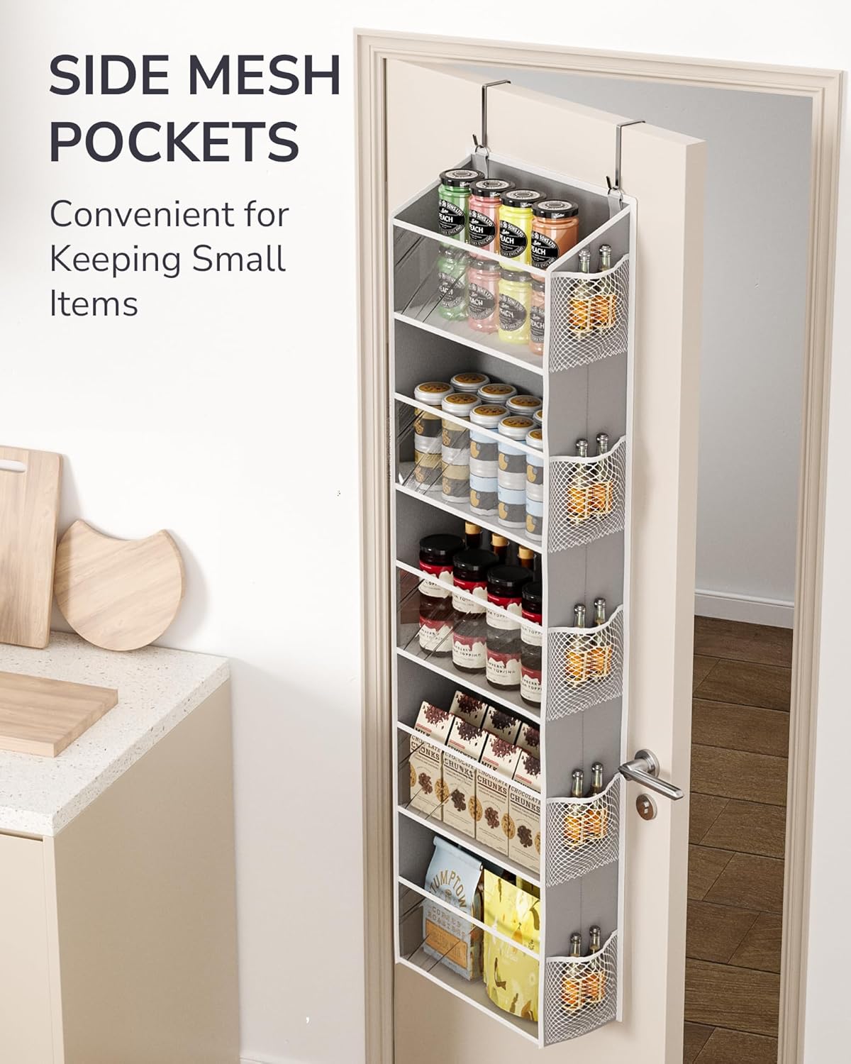 ULG 1-Pack Over Door Organizer with 5 Large Pockets 10 Mesh Side Pockets, 44 lbs Weight Capacity Hanging Storage Organizer with Clear Window for Bedroom Bathroom Kitchen, RV, Camper, Clear Grey