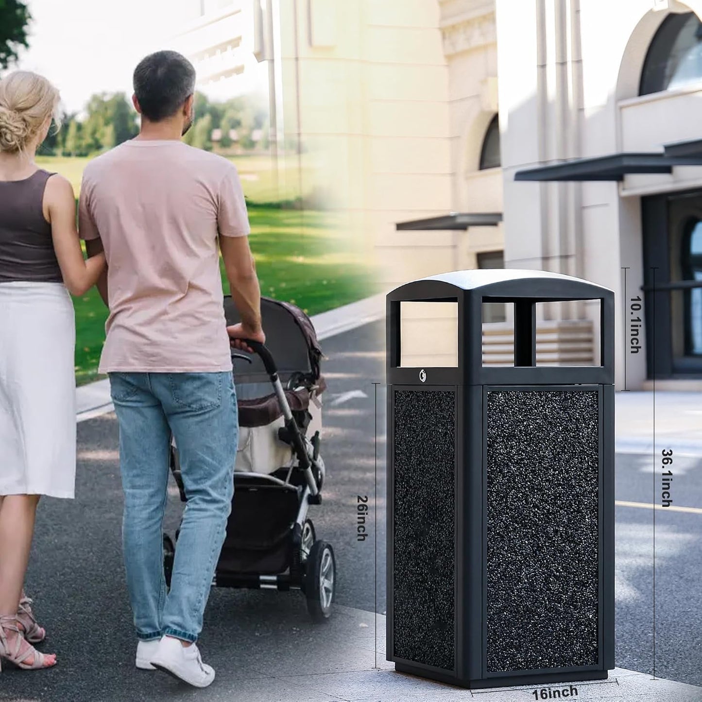 Commercial Metal Outdoor Trash Can with Lid, Lockable Outdoor Garbage Can with Nature Stone Panels, Heavy-Duty Rustproof Trash Bin with Removable Liner for Parks & Public Spaces