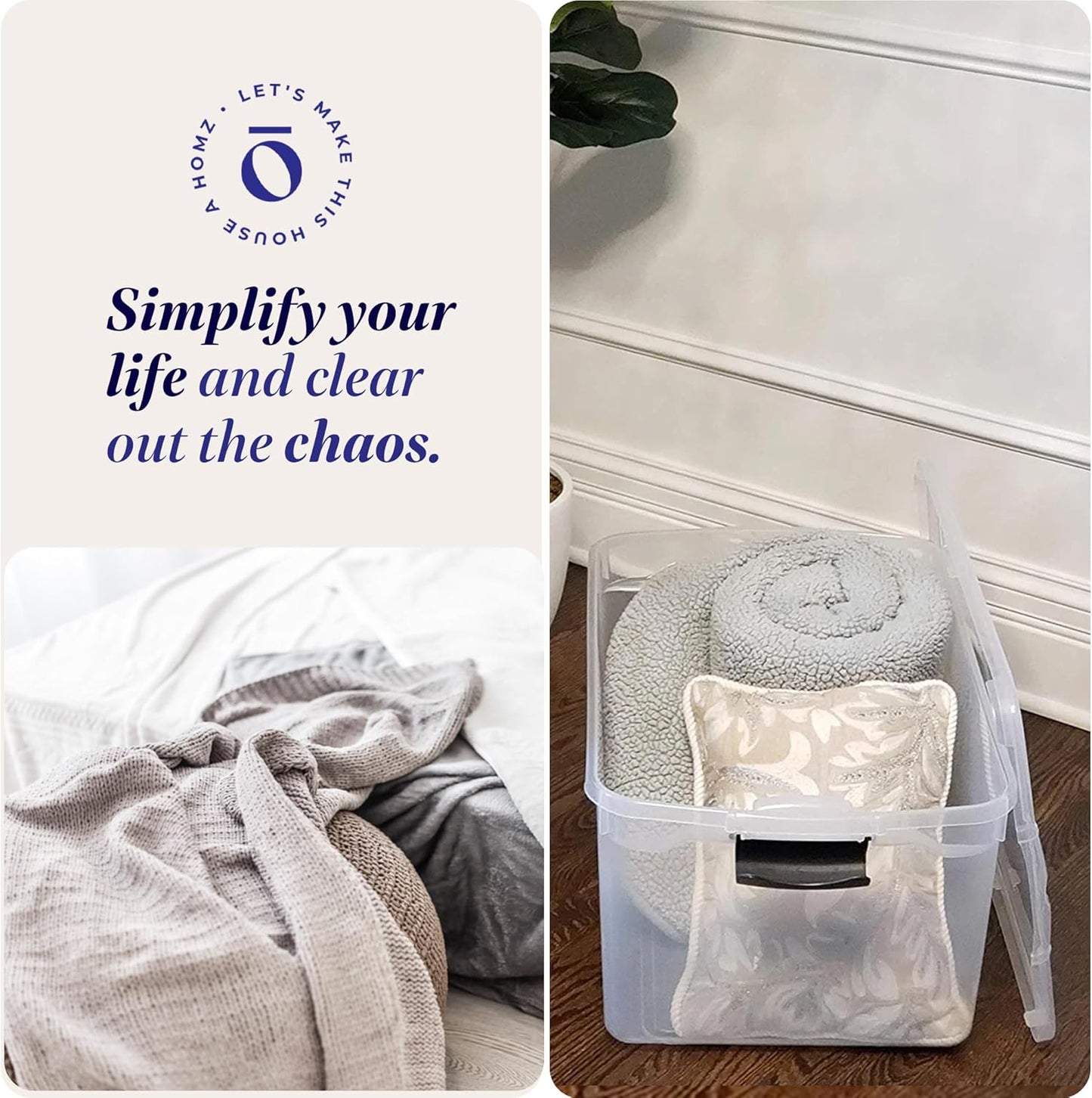 HOMZ 2-Pack Latching Lid, Large Clear Plastic Storage Bins with Lids, 66 Quart, Gray Latch - Stackable Container Boxes for Home, Bathroom, and Office Organization