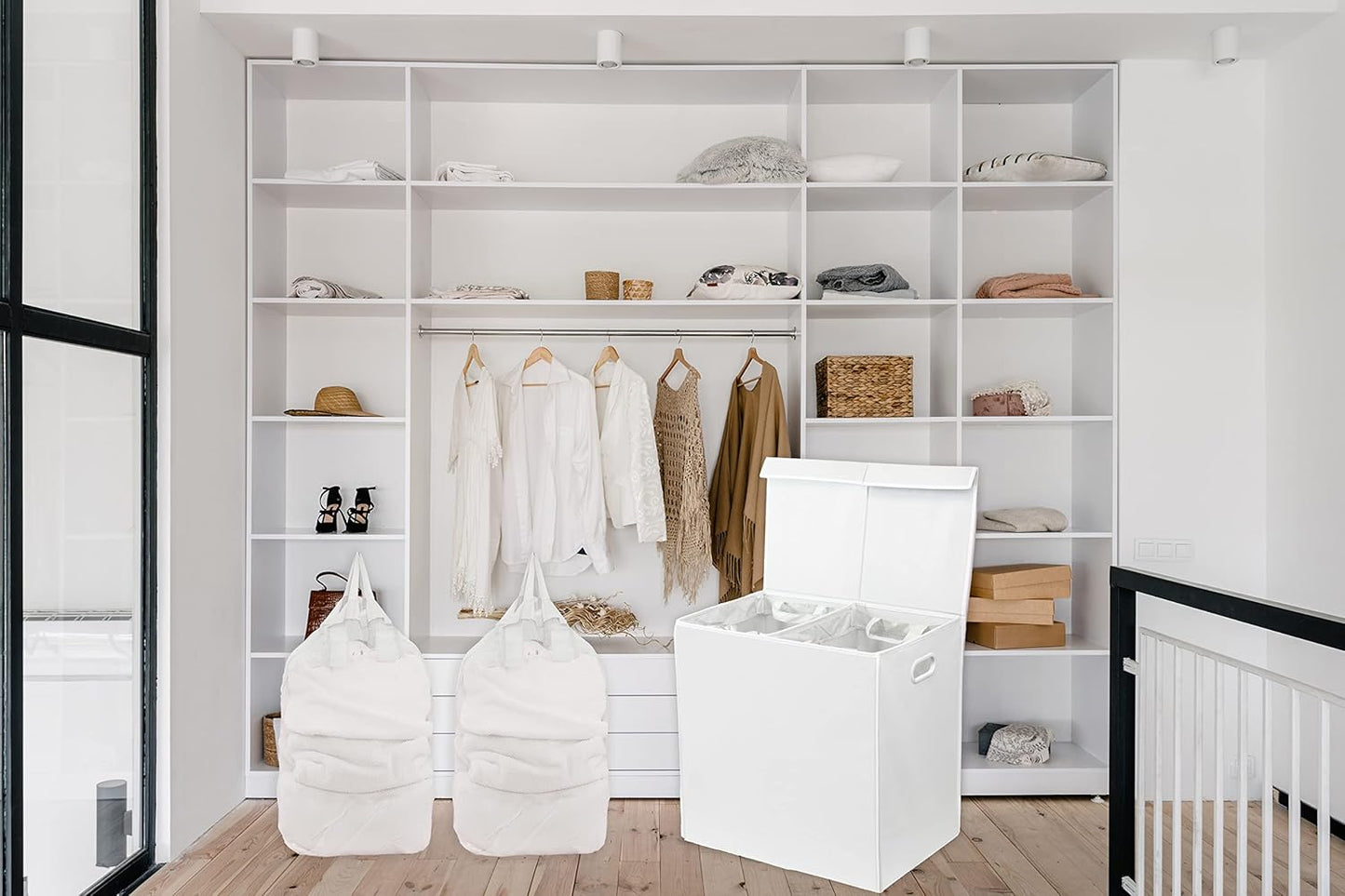 Simple Houseware Double Laundry Hamper with Lid and Removable Bags, White