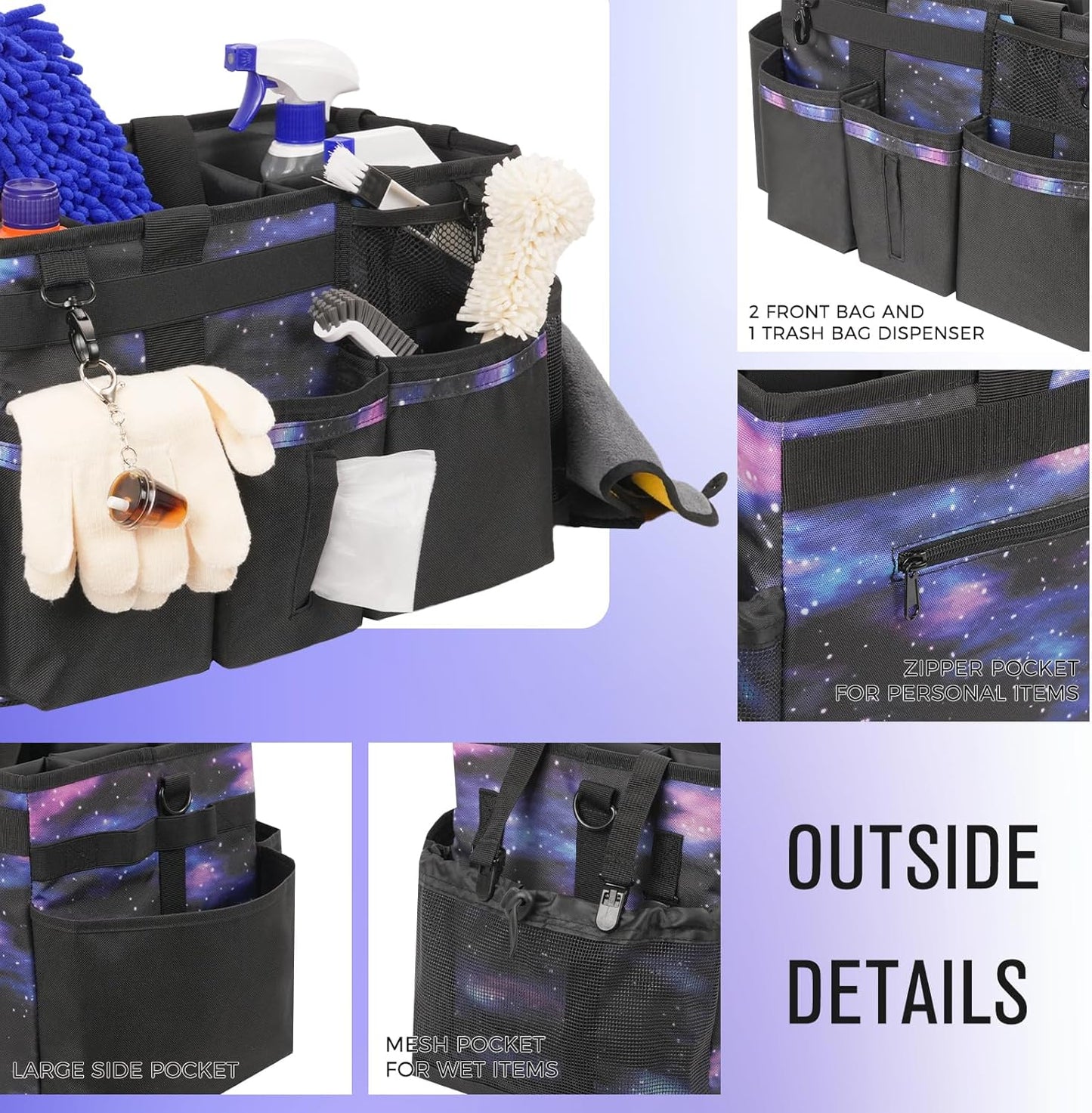 Wearable Cleaning Caddy, Cleaning Caddy Supplies Organizer with Handle & Shoulder Straps for Housekeepers, Under Sink & Car Cleaning Tool Organizers Bag with 4 Foldable Divider (StarrySky)