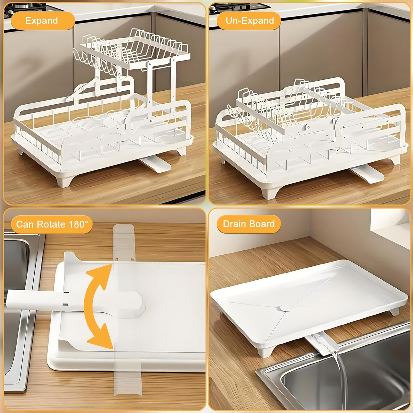 Dish Drying Rack Large 2 Tier Carbon Steel Dish Rack for Kitchen Counter,2-Tier Kitchen Organizers and Storage Rack with Drainboard and Cutlery Holder,Black, Folds Storage