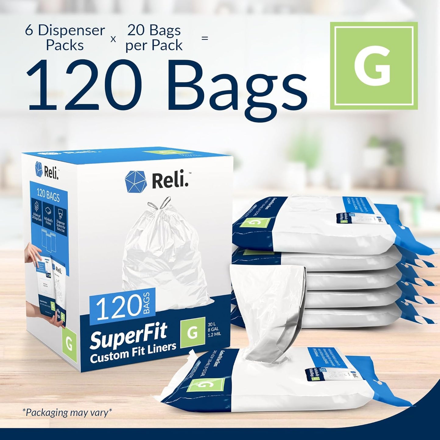 Reli. SuperFit Code G (120 Count) | Compatible with Simplehuman Code G | Dispenser Pack Custom Fit Liners | Drawstring Trash Bags | 30 Liter / 8 Gallon | White