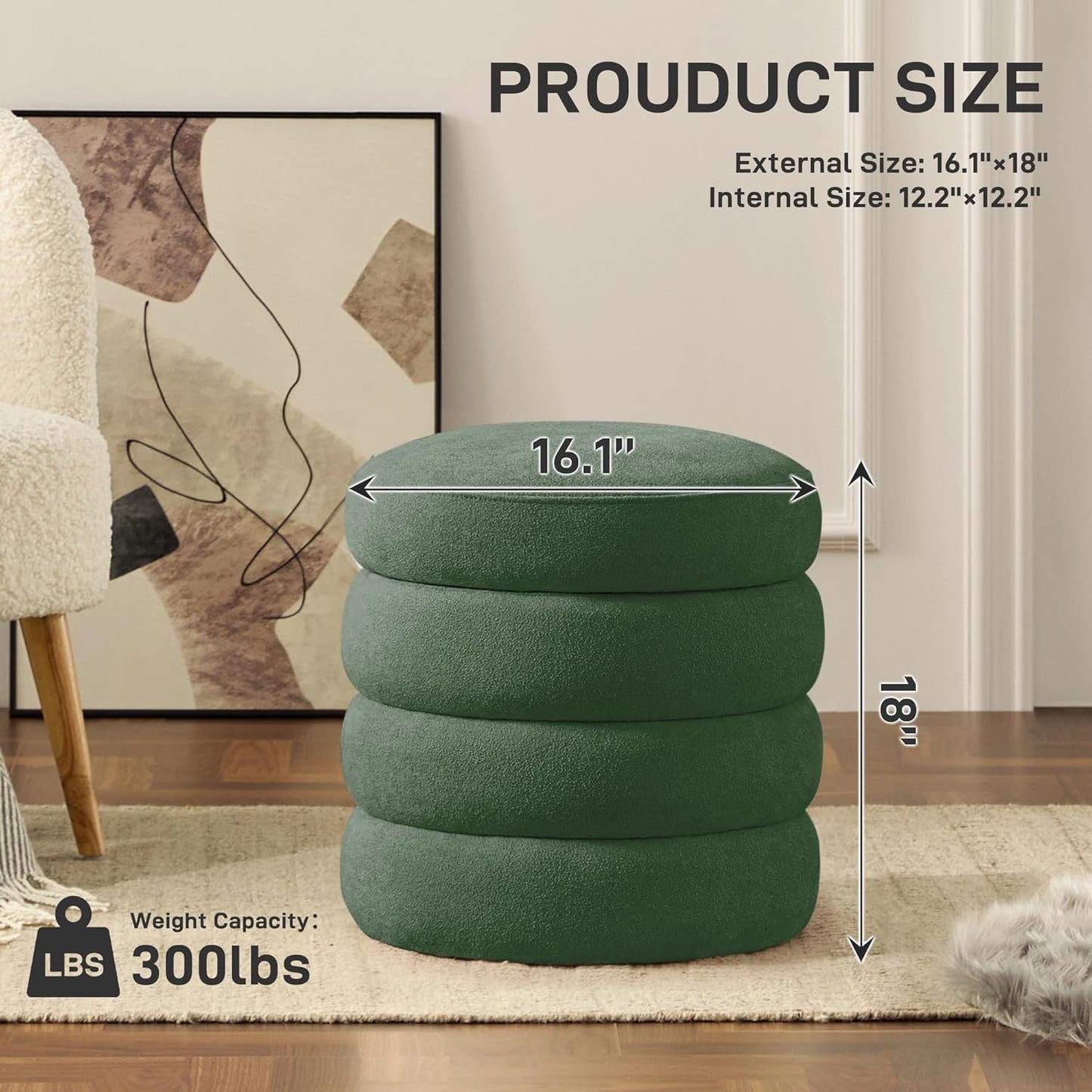 Round Ottoman with Storage Boucle Ottoman Stool Removable Lid for Living Room Modern Upholstered Vanity Storage Stool Foot Rest Bedroom Dorm Gifts Set of 2 (Green)