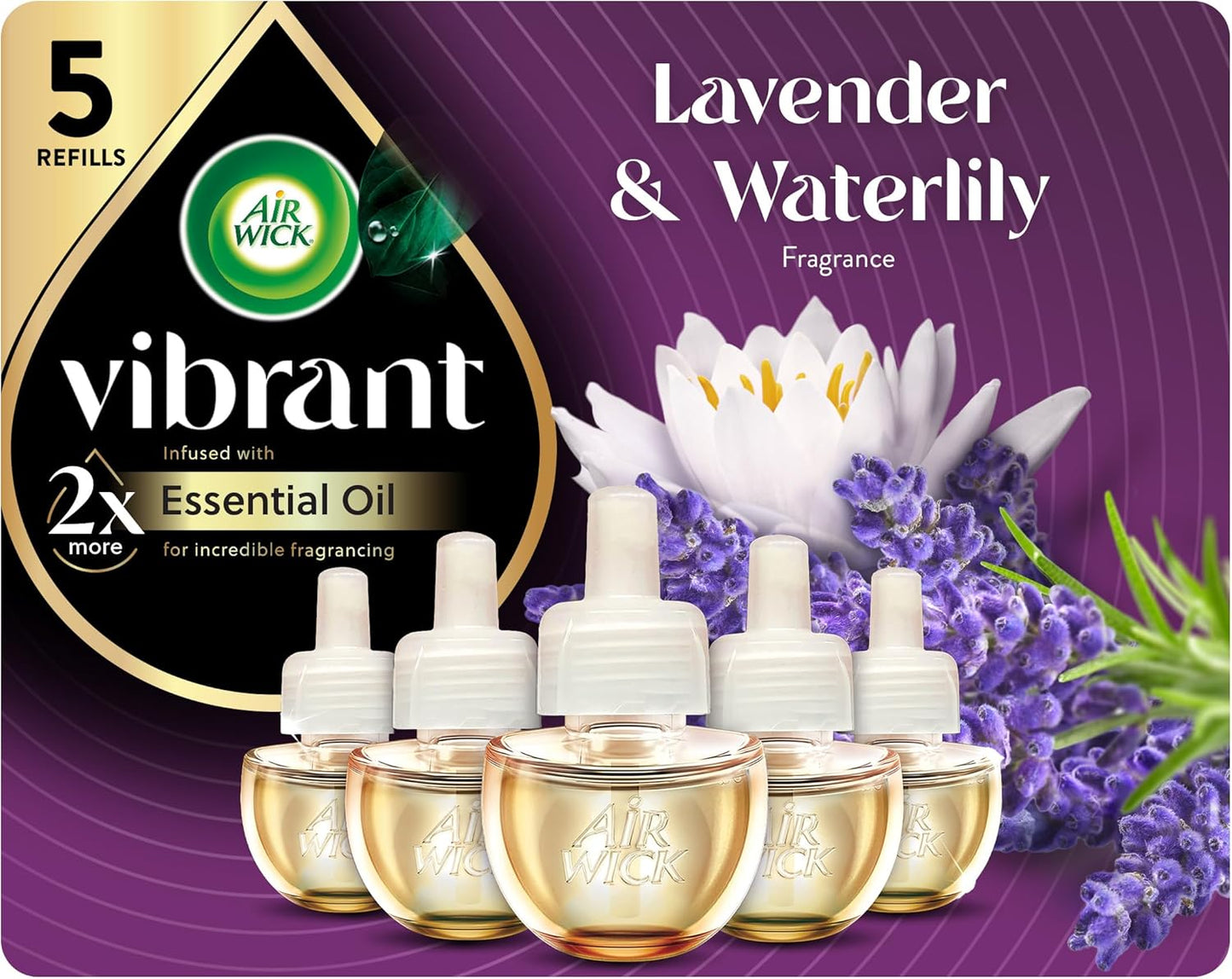Air Wick Plug in Scented Oil Refill, 5ct, Lavender & Waterlily, Air Freshener, Essential Oils