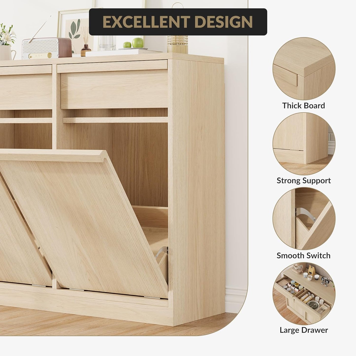 Double Tilt Out Trash Cabinet, Natural Wood Hidden Garbage Can Cabinet for 2 x 10 Gallon Bins, Modern Pet-Proof Trash Cabinets for Kitchen, Dining, Living Room Storage