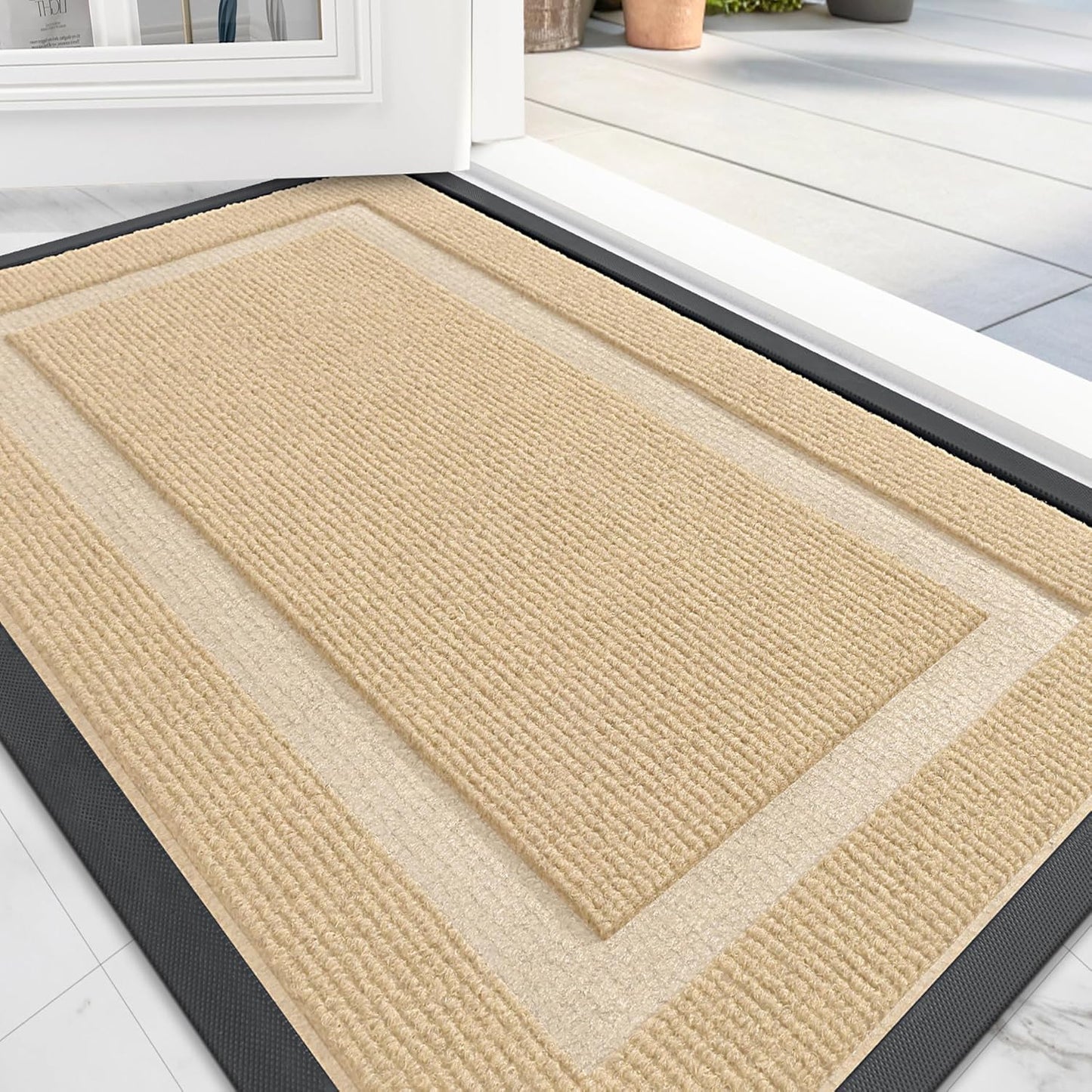 OLANLY Front Door Mat Indoor Outdoor Entrance, Waterproof All-Season, All-Weather Doormat, Sturdy Natural Rubber, Fade Resistant, Low Profile, Easy Clean Patio Porch Entryway Mat, 71x47, Beige