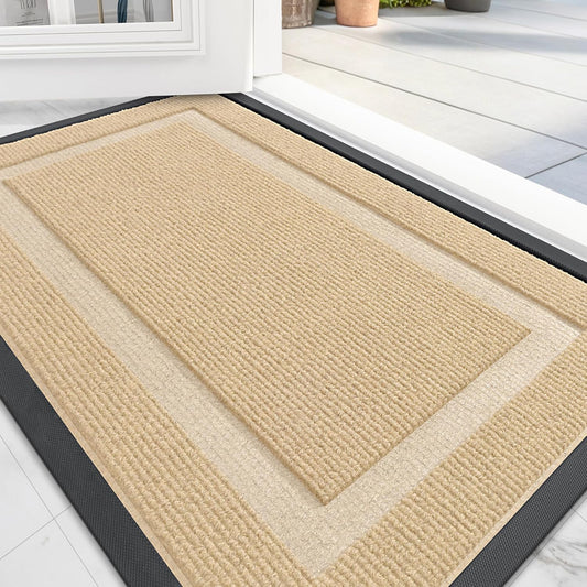 OLANLY Front Door Mat Indoor Outdoor Entrance, Waterproof All-Season, All-Weather Doormat, Sturdy Natural Rubber, Fade Resistant, Low Profile, Easy Clean Patio Porch Entryway Mat, 59x35, Beige