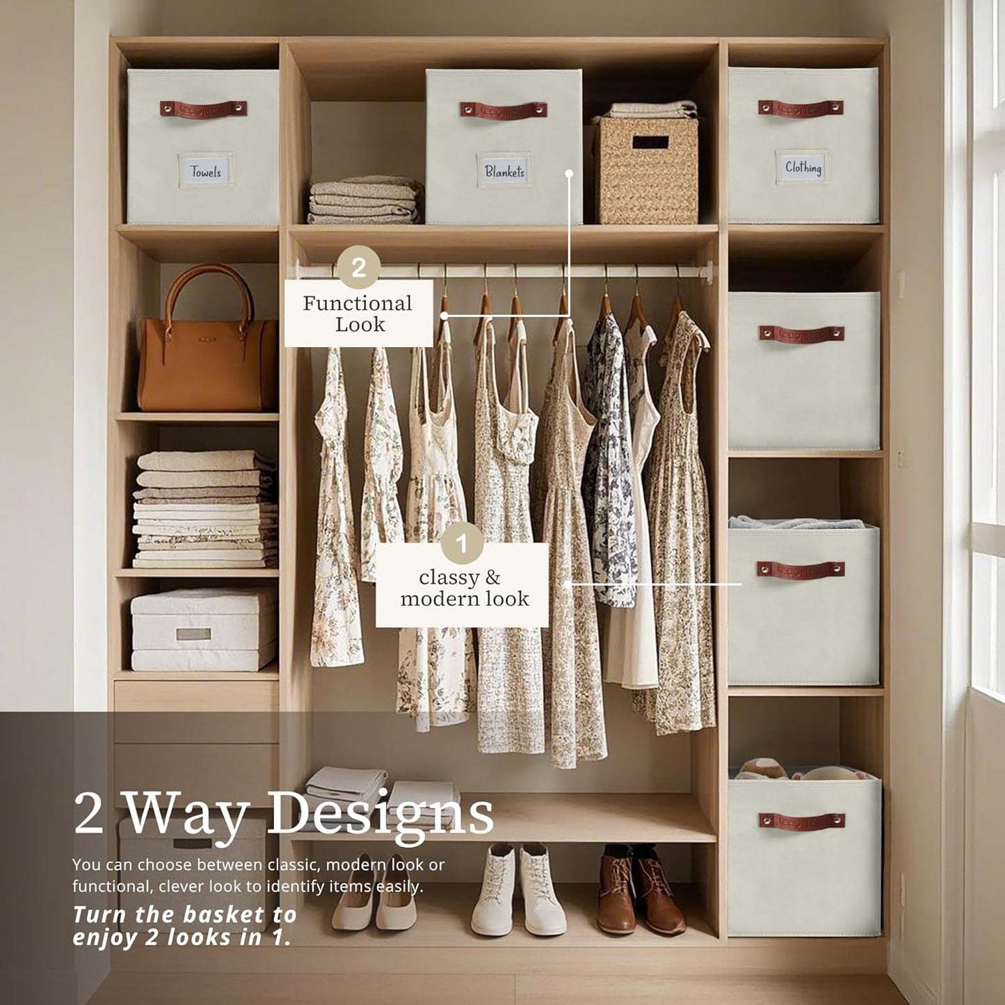 DECOMOMO Storage Bins, Cube Storage Bin with Labels, Fabric Storage Cubes for Shelves (10.5" x 11" / 2pcs, Beige)