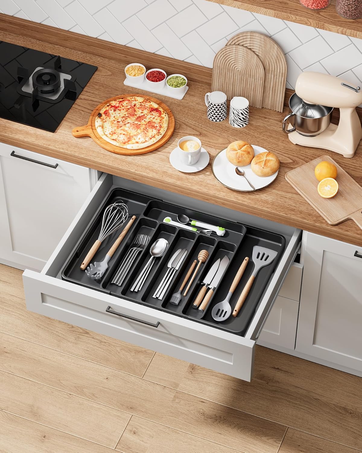 Kitsure Cutlery Drawer Organiser for Kitchen - Adjustable Cutlery Tray for Effortless Utensil Sorting, Versatile Kitchen Storage & Organisation Solution, 13.70" x 1.54" x 10.94"~20.08", Black