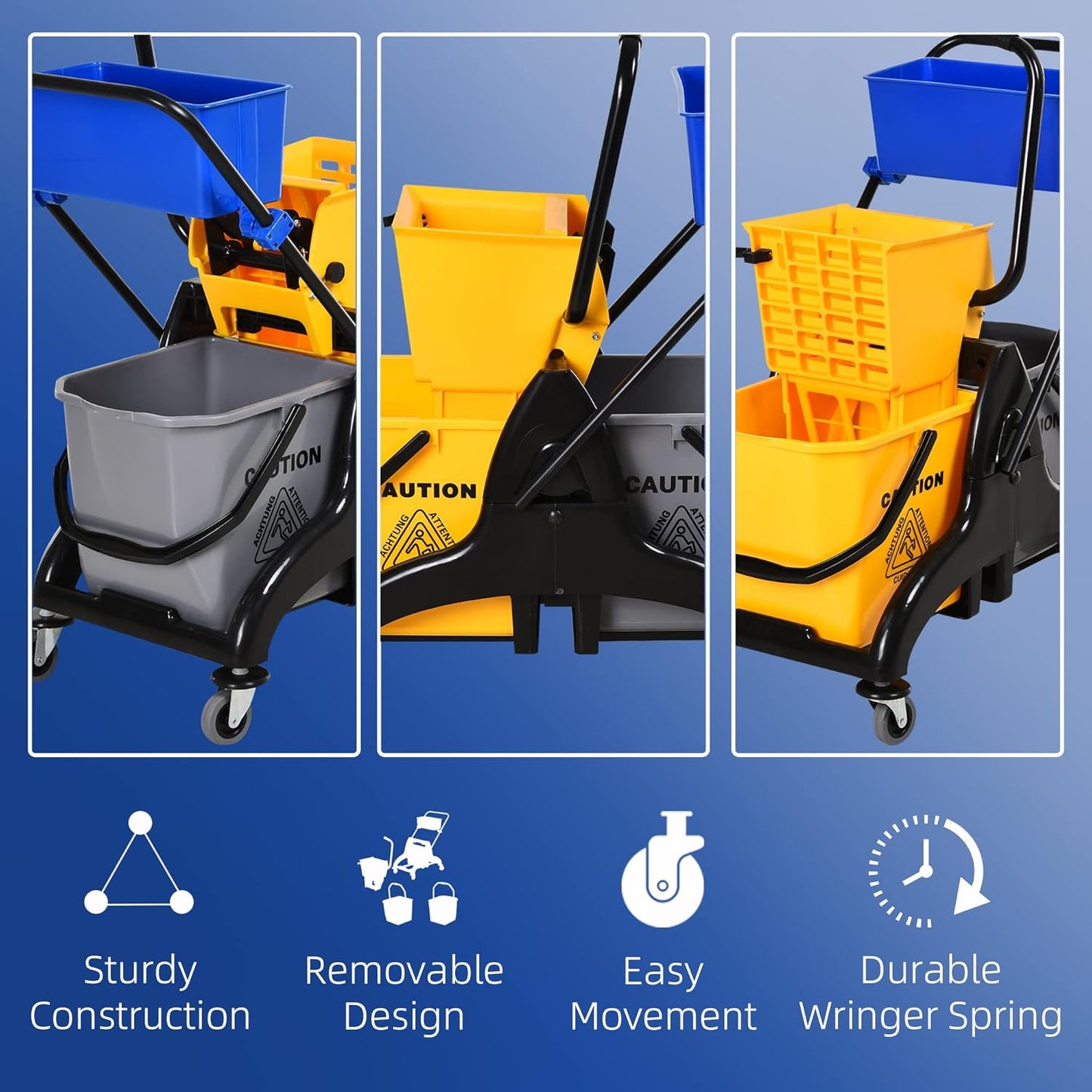 HOMCOM 2 x 6.9 Gallon Mop Water Bucket Wringer Cart with Easy to Use Side Press Wringer, Smooth Wheels, Mop-Handle Holder
