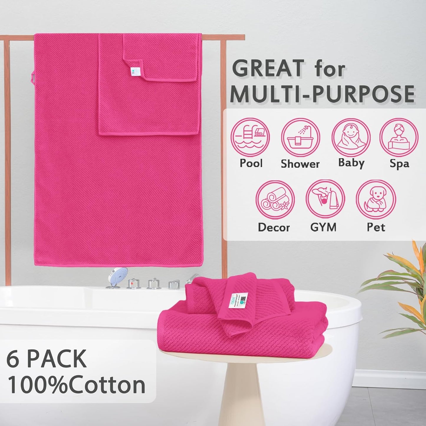 Hot Pink Towels - 100% Cotton, Soft, Quick Dry, Lightweight, Towel Set of 6, 2 Large Bath 30"x56", 2 Thick Hand 18"x28", 2 Absorb Washcloths 13"x13", Pink Bath Towel with Hanging Loop, Luxury Gift Set