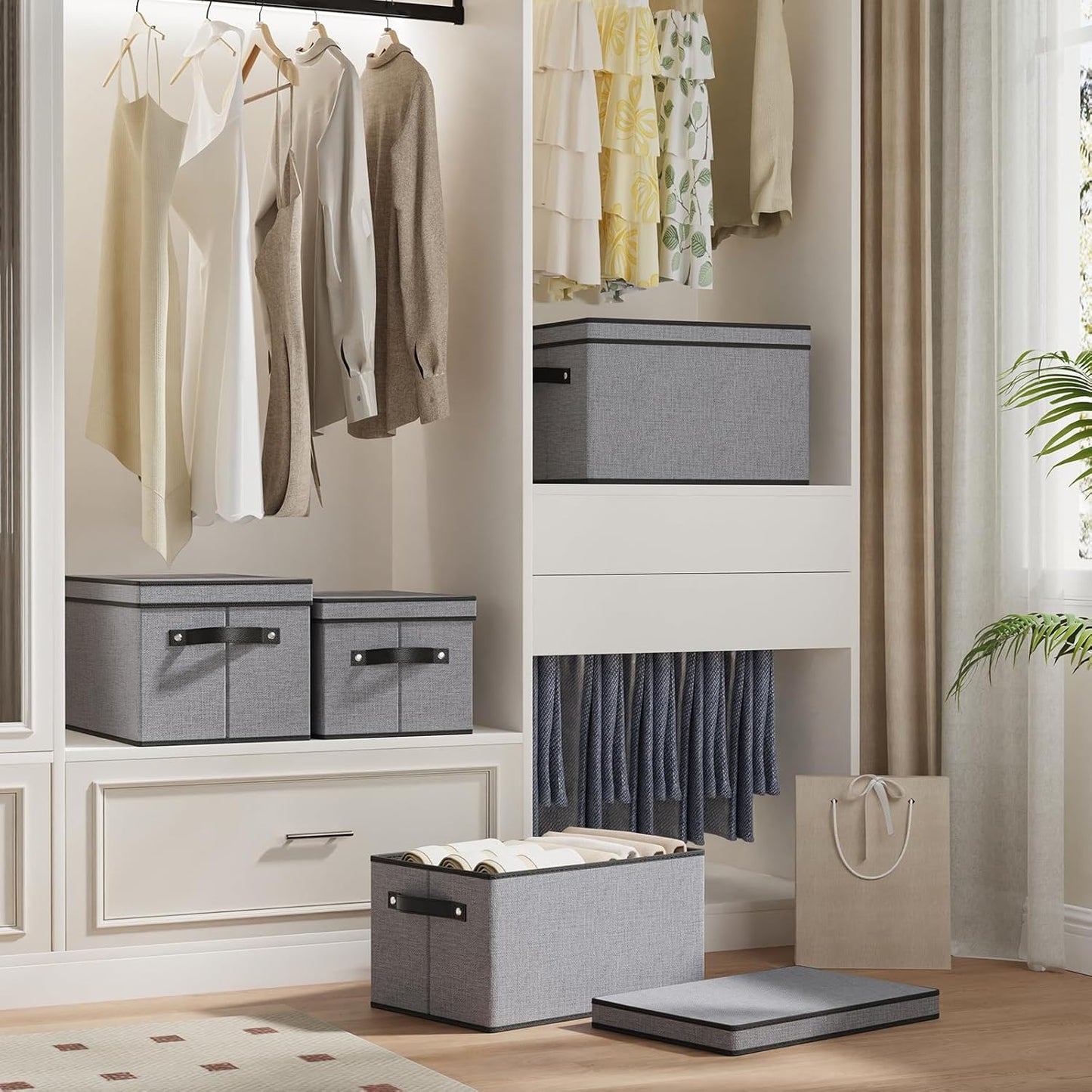 Fabric Storage Boxes, 7.1 x 9.1 x 13 Inch Baskets for Shelves with Lids, Wardrobe Organiser with Handles, Decorative Linen Closet Organizer Bins, Gray, 5 Pack