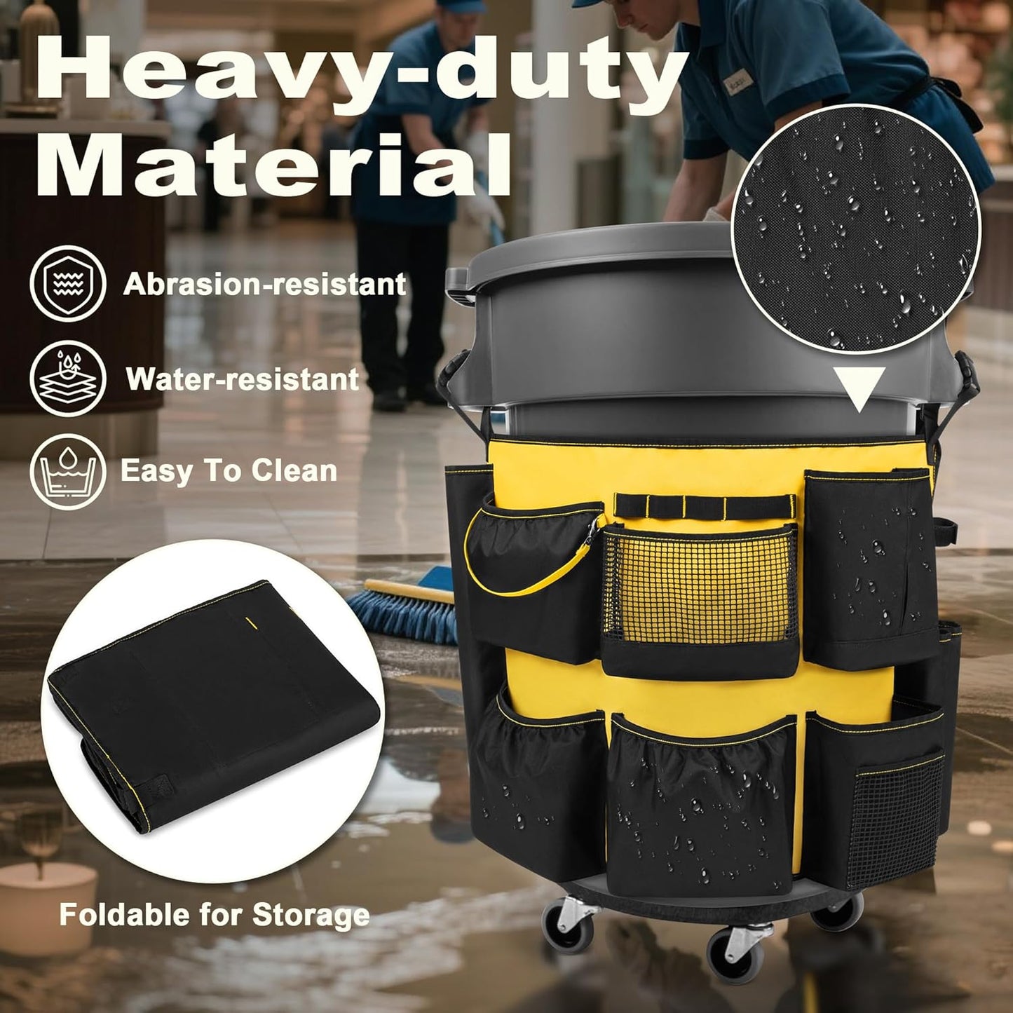 32-55 Gallon Trash Can Caddy Bag, Garbage Bin Apron Caddy with Multiple Pockets for Cleaning Supplies, Cleaning Tool Organizer with Adjustable Buckle for Janitorial Trash Can, Black+Yellow