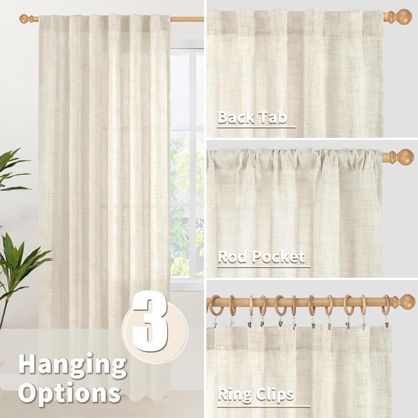 YoungsTex Linen Curtains 60 Inch Wide for Living Room, Semi Sheer Light Filtering Window Drapes 63 Inch Length with Rod Pocket Back Tab for Bedroom Dining Room, Linen, 2 Panels, 60 X 63 Inch