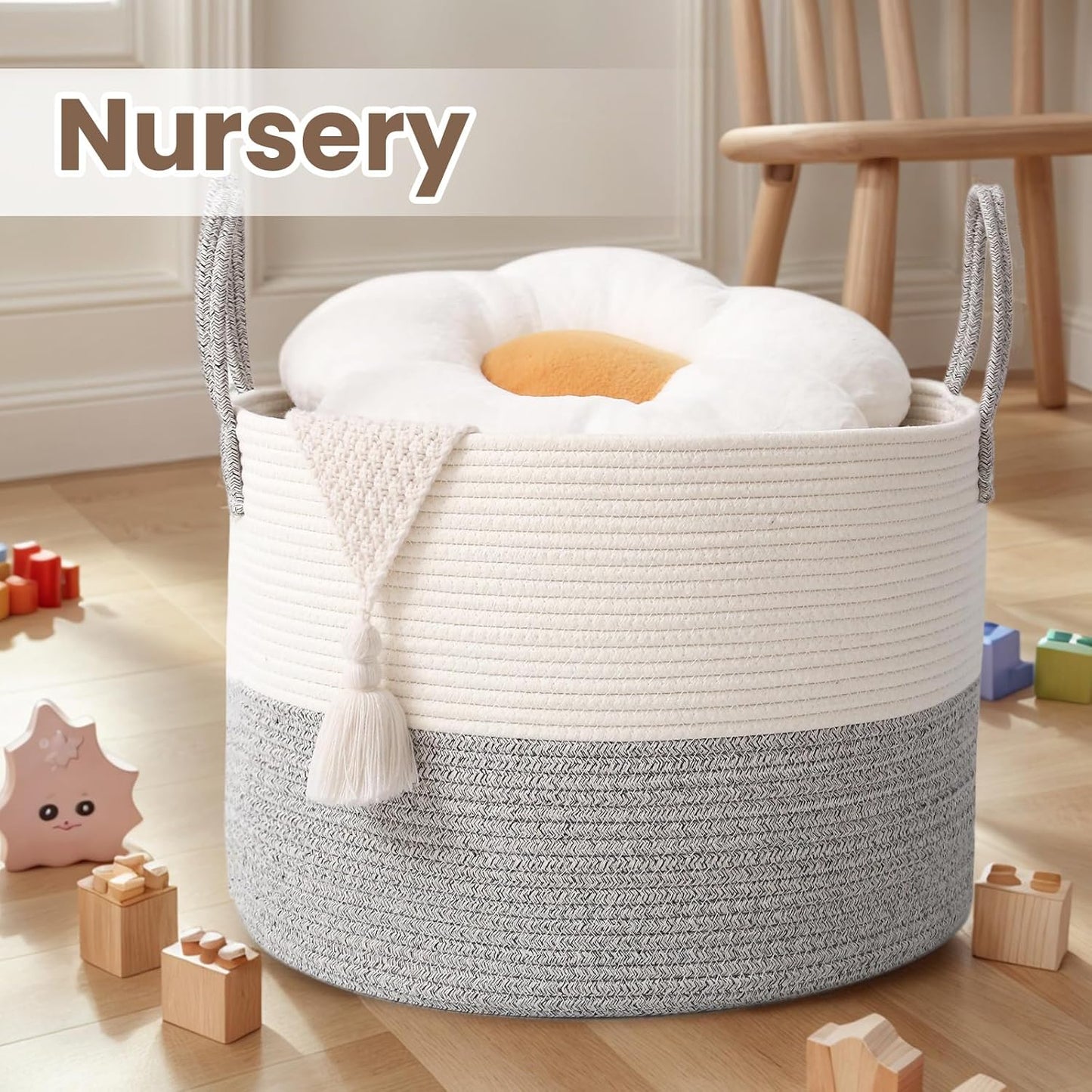 Woven Blanket Basket,65L Large Rope Storage Bin with Handles, Organizer for Blankets Toys Book and Clothes, Laundry Basket for Living Room Bedroom Nursery,White&Grey