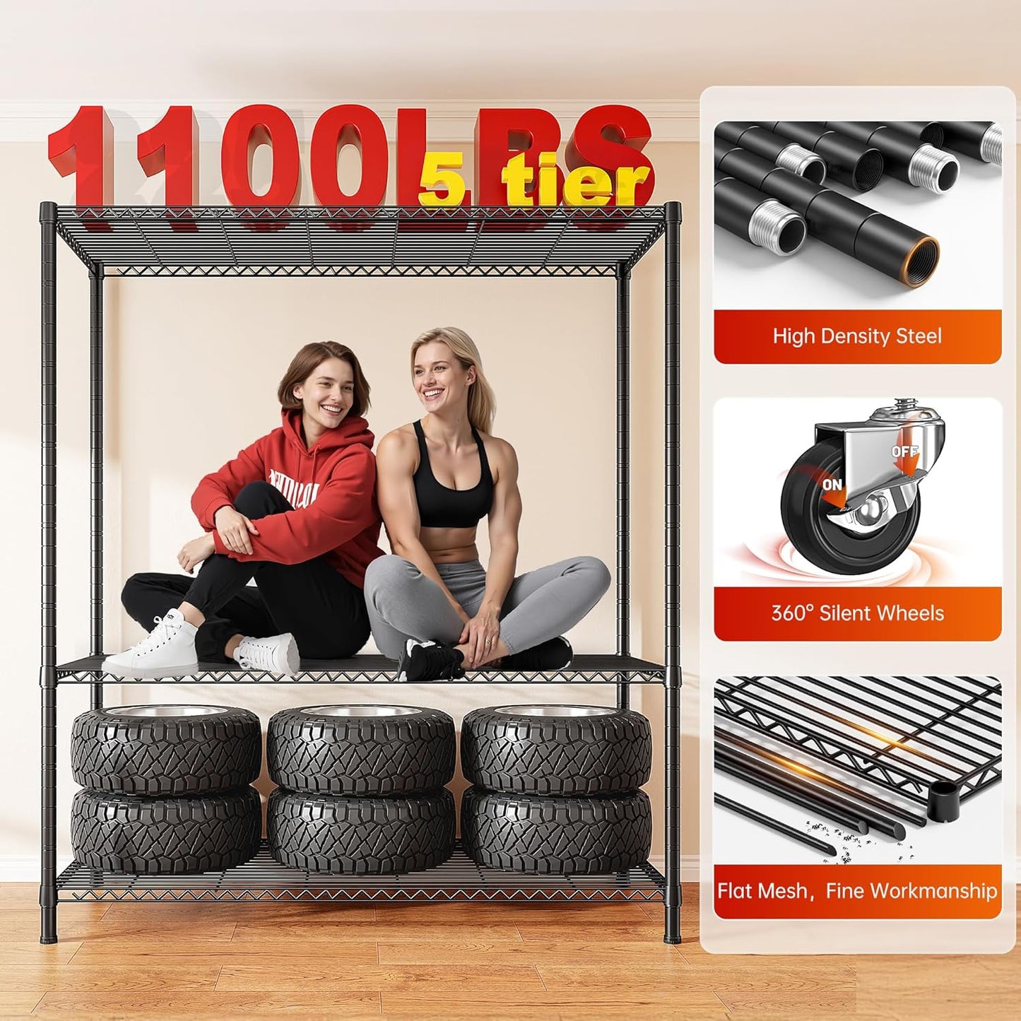 REIBII 45''W Storage Shelves Waterproof Metal Shelving Cover Dustproof Wire Shelving Unit Covers Garage Storage Rack Wire Shelf for Kitchen Pantry Office College, 45Wx17.72Dx72.83H