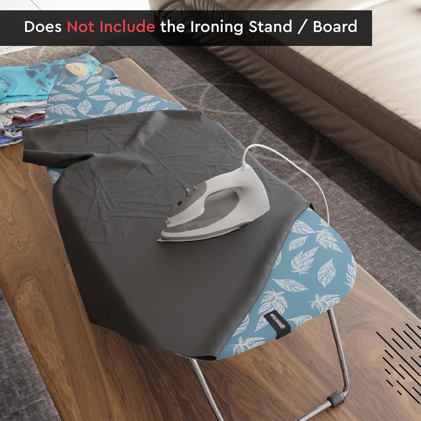 Encasa XO Ironing Board Cover and Pad 28"x12" - Thick 3mm Felt Padding, Drawstring Tightening & Lock, Easy Fit, Scorch & Stain Resistant, Fits Mini Ironing Board - Big Leaves Blue