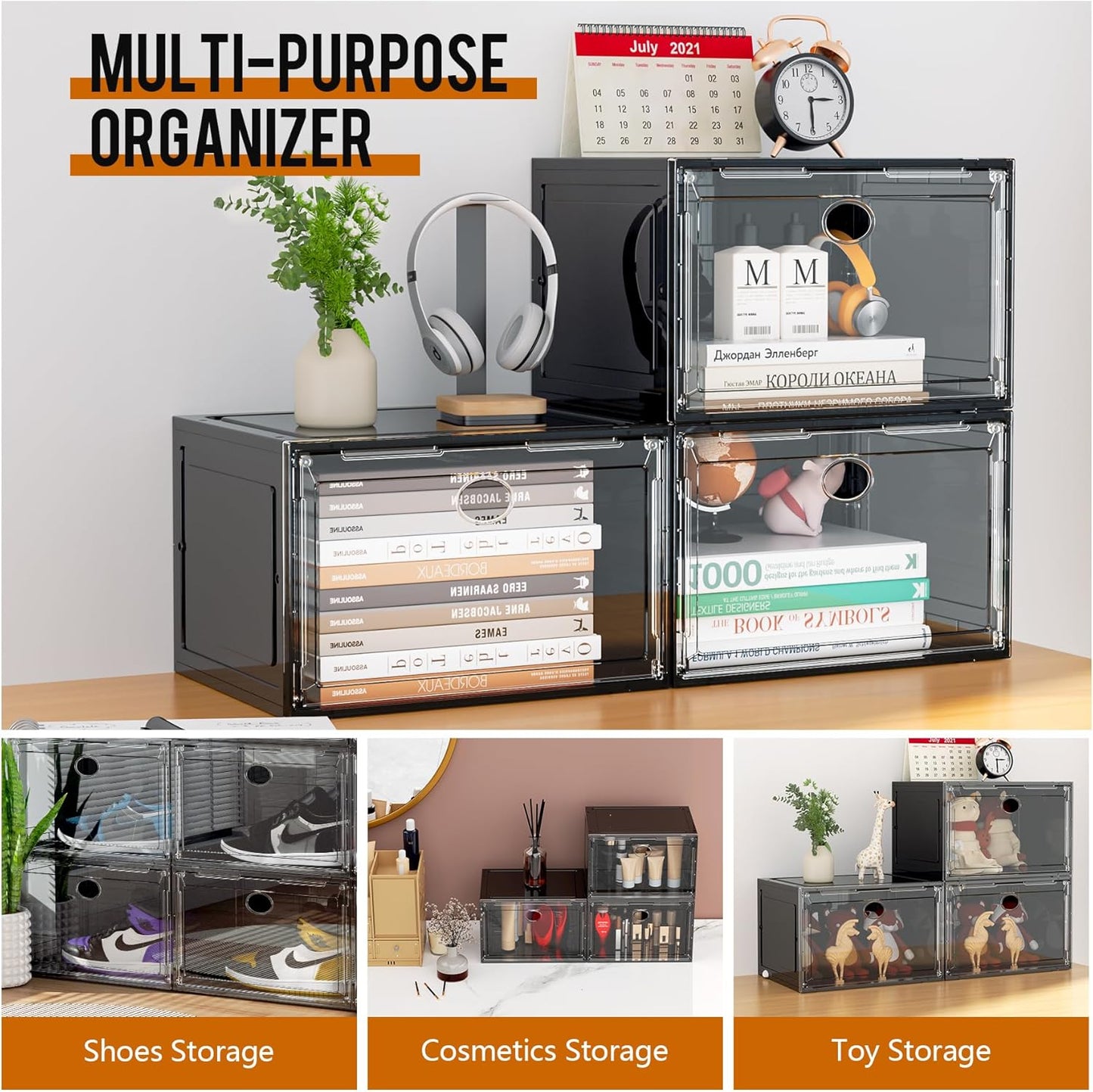 KEFA XL Shoe Storage Box Organizer, 8 Pack Shoe Boxes Clear Plastic Stackable, Sneaker Display Case Container Fit for US 13 (Side 8 PACK BLACK)