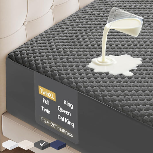 OhGeni 100% Waterproof Mattress Protector, Twin XL-Gray Size Mattress Pad, Fits 6"-20" Mattresses with Deep Pocket, Cooling, Breathable Fitted Sheets, Soft Bed Cover, Noiseless, Machine Washable