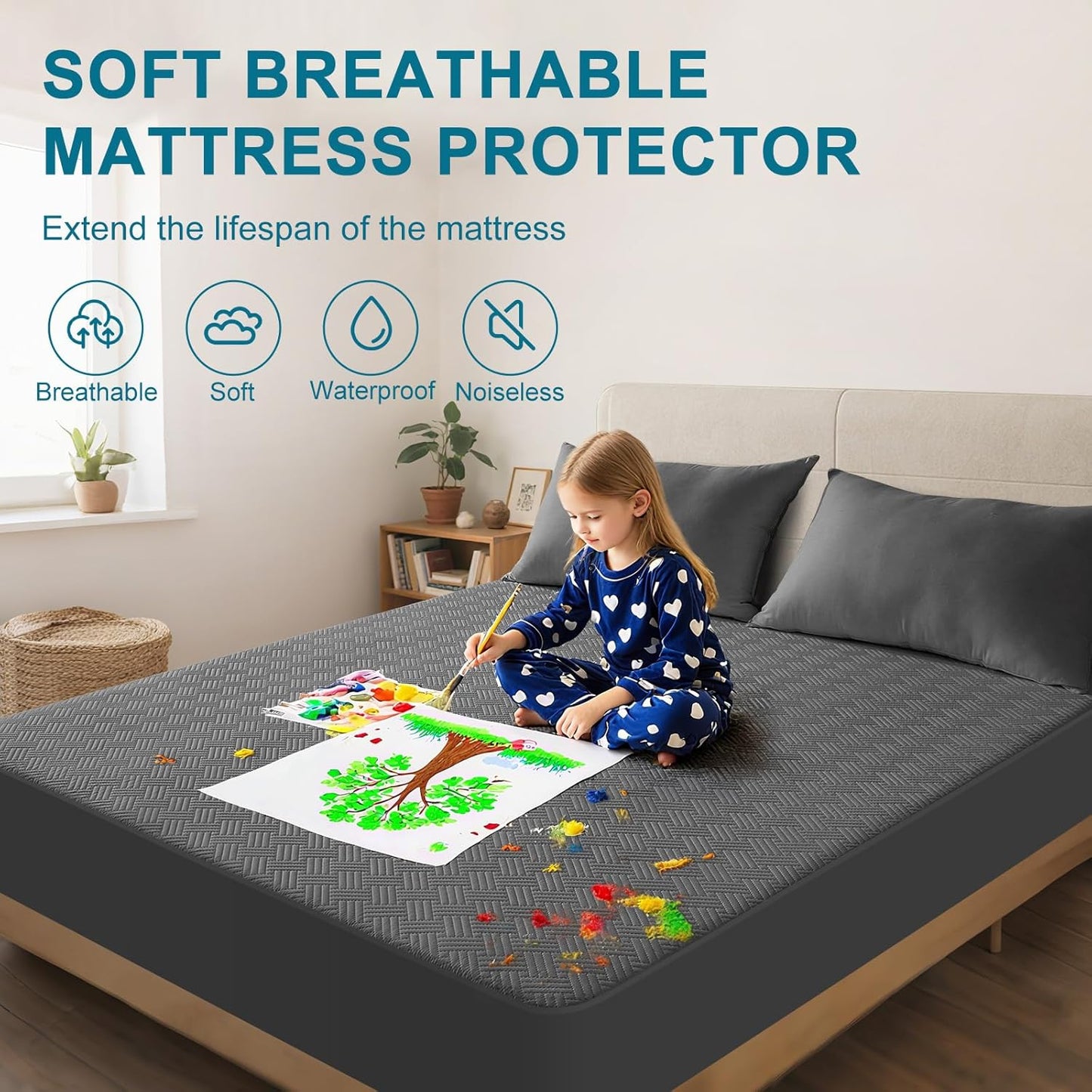 Waterproof Mattress Protector Queen Size - Breathable, Noiseless, Ultra-Soft Bed Cover, Mattress Pad Cover with Deep Stretchable Pockets 8"-21" (Gray)