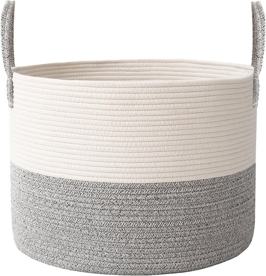 Woven Blanket Basket,65L Large Rope Storage Bin with Handles, Organizer for Blankets Toys Book and Clothes, Laundry Basket for Living Room Bedroom Nursery,White&Grey
