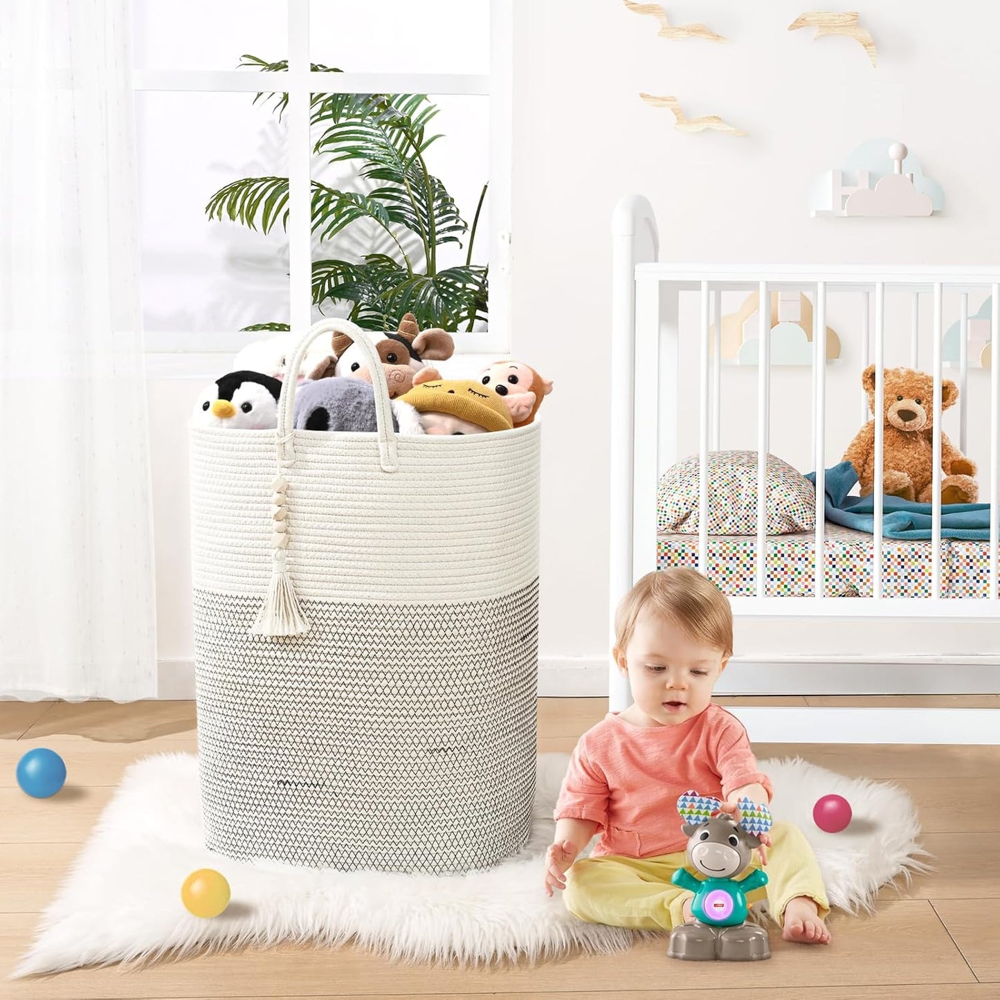Woven Laundry Basket for Clothes, 80L Large Rectangle Laundry Hampers with Beads Tassel, Nursery Storage Basket for Toys, Tall Dirty Clothes Hamper for Bedroom Aesthetic, Laundry Room Organization