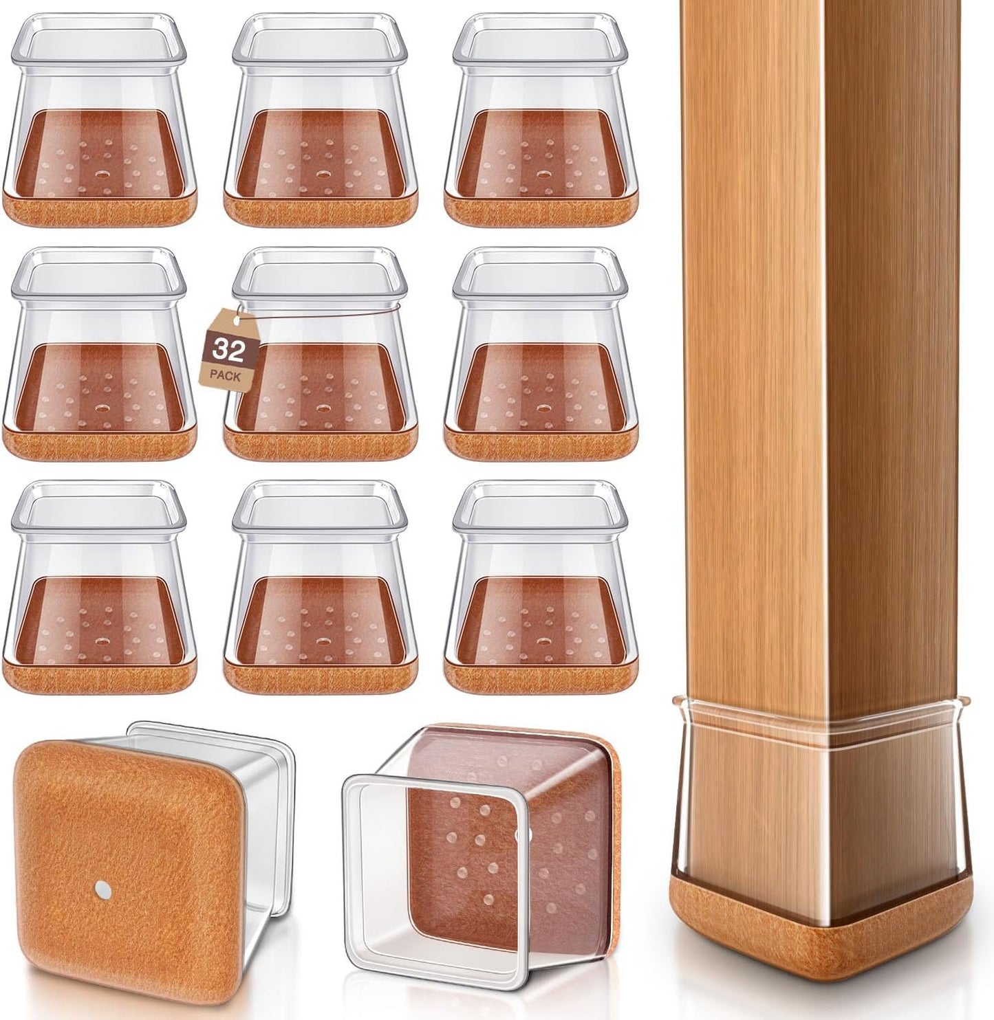Chair Leg Floor Protectors Chair Leg Protectors for Hardwood Floors Silicone Caps Felt Strengthen Bottom Protection Anti-Scratch Reduce Noise 32 Pack Clear Square XL Fit:1-1/2" to 1-3/4" (38-44mm)