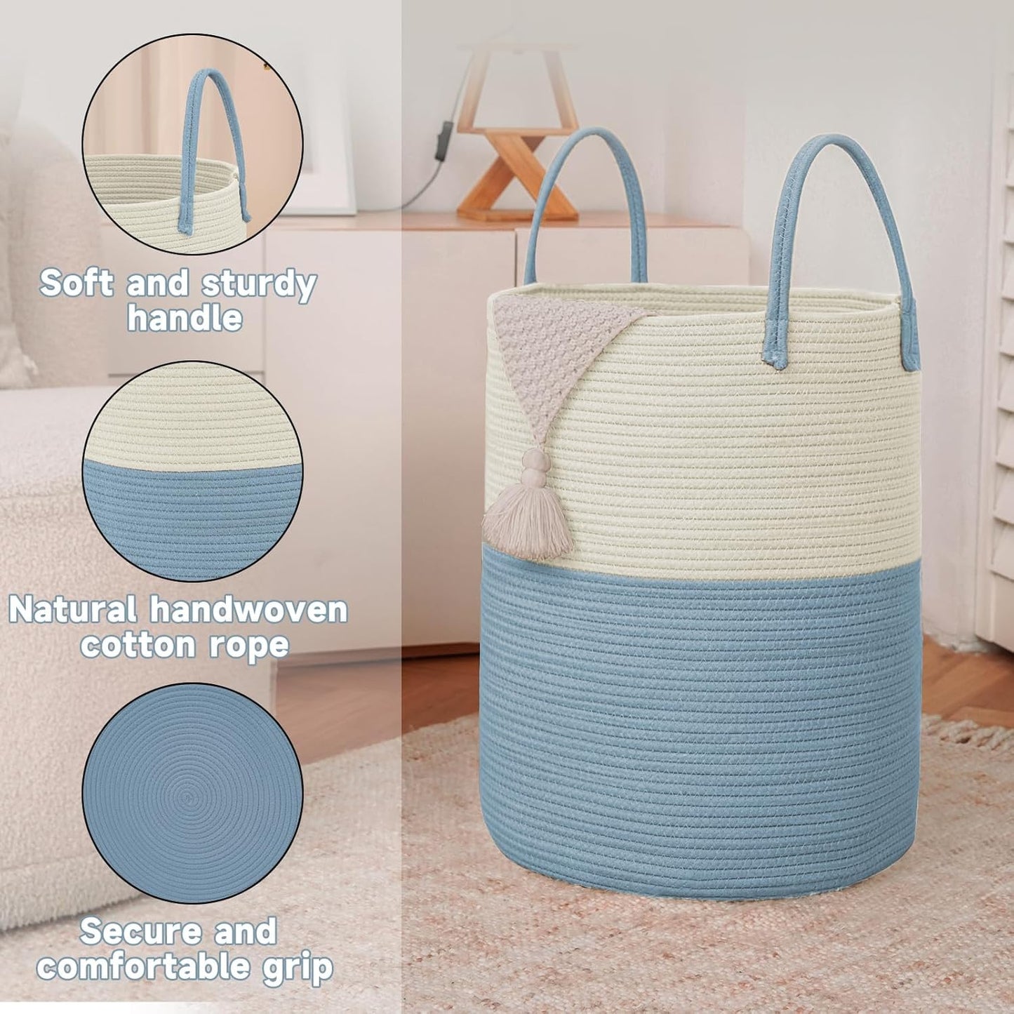 Large Woven Laundry Basket Hamper,100L Cotton Rope Storage Bin for Blankets,Toys and Clothes,Decorative Tall Nursery Hamper for Living Room,Baby Nursery,Bathroom and Bedroom,White and Blue