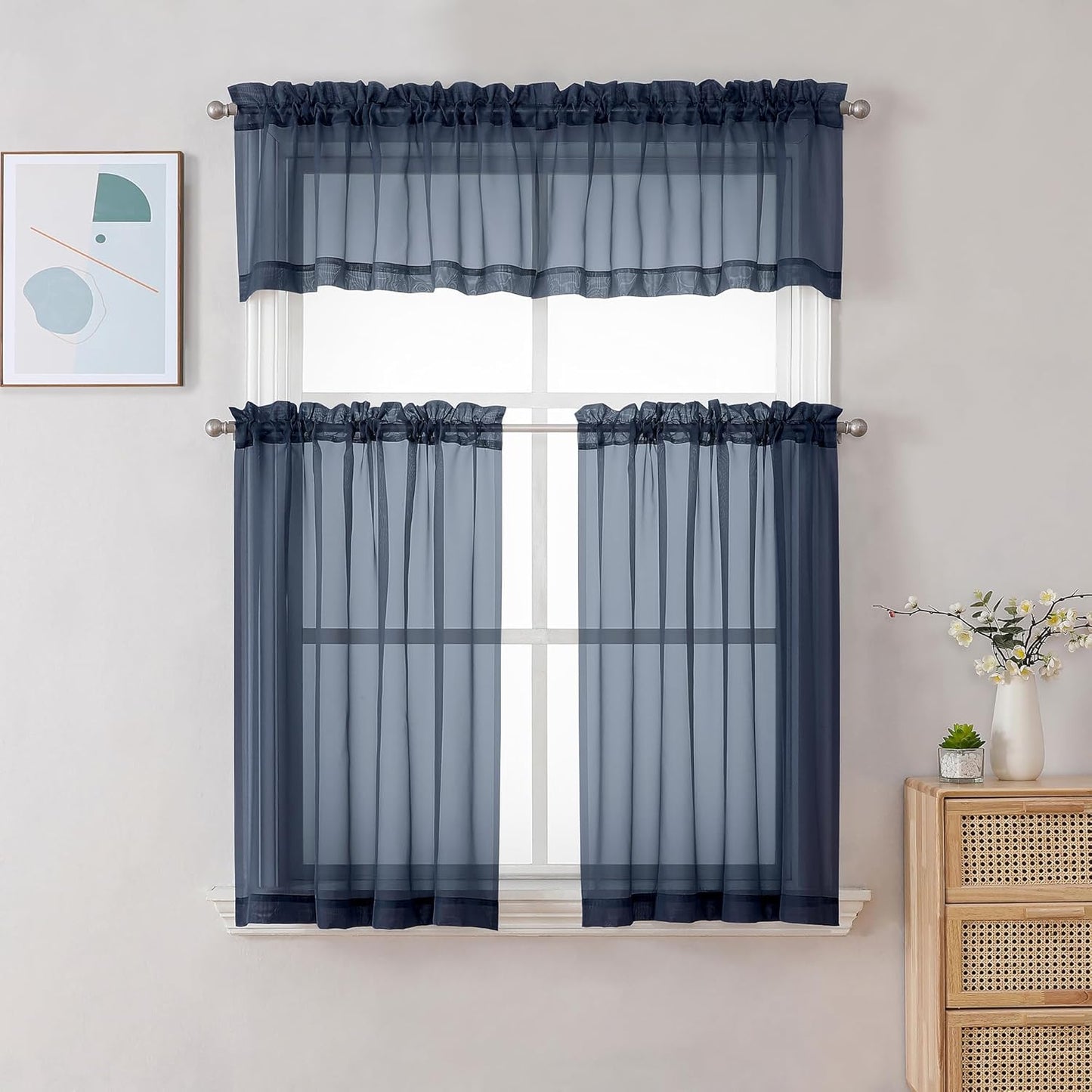 Chyhomenyc Sheer Window Valance Curtains, 42x14 Inches Light Filtering Valances Windows Treatment, Small Rod Pockets Voile Sheer Curtains for Living Room/Bathroom/Basement, Navy Blue, 2PCS