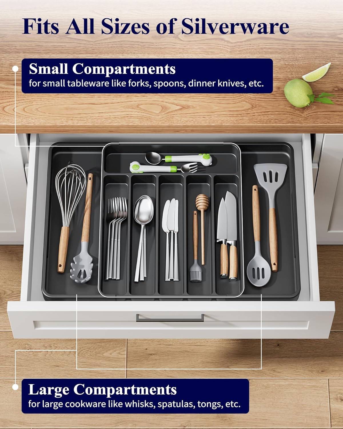 Kitsure Cutlery Drawer Organiser for Kitchen - Adjustable Cutlery Tray for Effortless Utensil Sorting, Versatile Kitchen Storage & Organisation Solution, 13.70" x 1.54" x 10.94"~20.08", Black