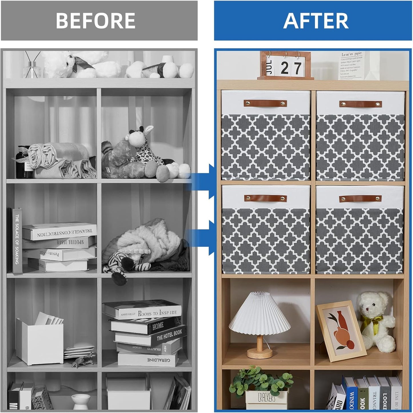 Temary Cube Storage Bins 13x13 Cubes Storage Bins for Shelf, 4 Pack Cube Storage Bins for Organizing Storage Basket with Handles(Grey Lattice)