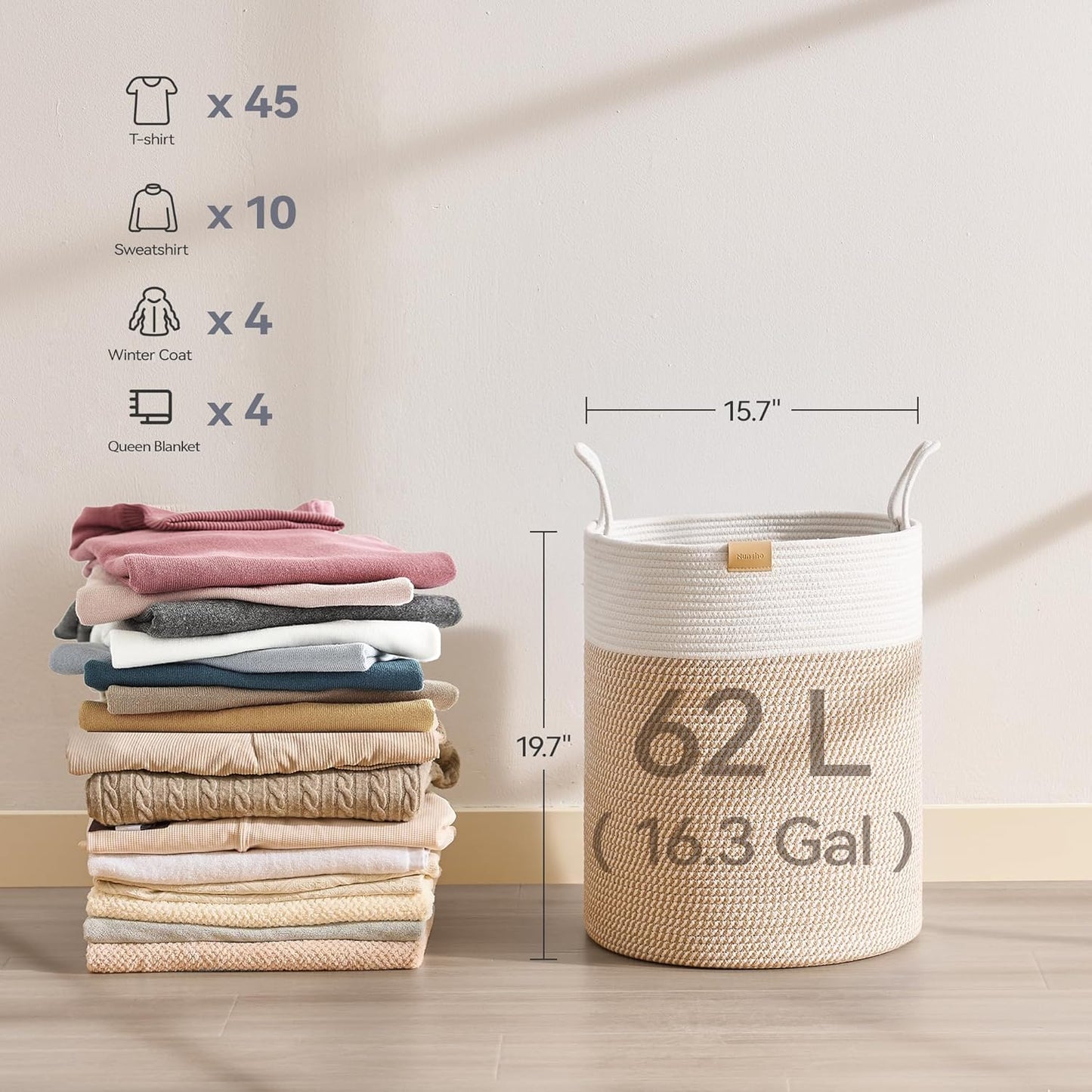 Laundry Hamper 62L,Large Laundry Basket for Clothes,Decorative Storage Basket for Blankets,Cotton Rope Woven basket for bedroom,Brown White