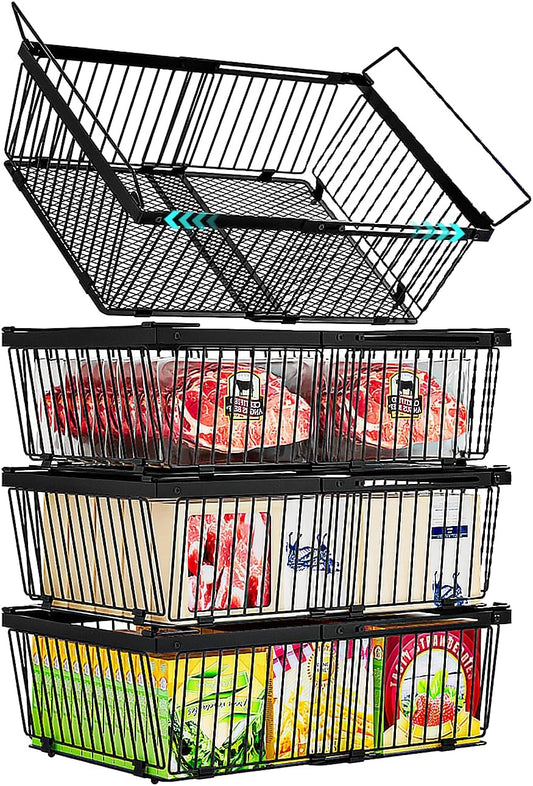 Large Freezer Organizer Bins，Upgraded Bottom Leak-Proof net，Fit 10 to 20 Cu Ft Chest Freezer，4Pack， Expandable Stackable Chest Freezer Containers with Handle(Black-4Pack)