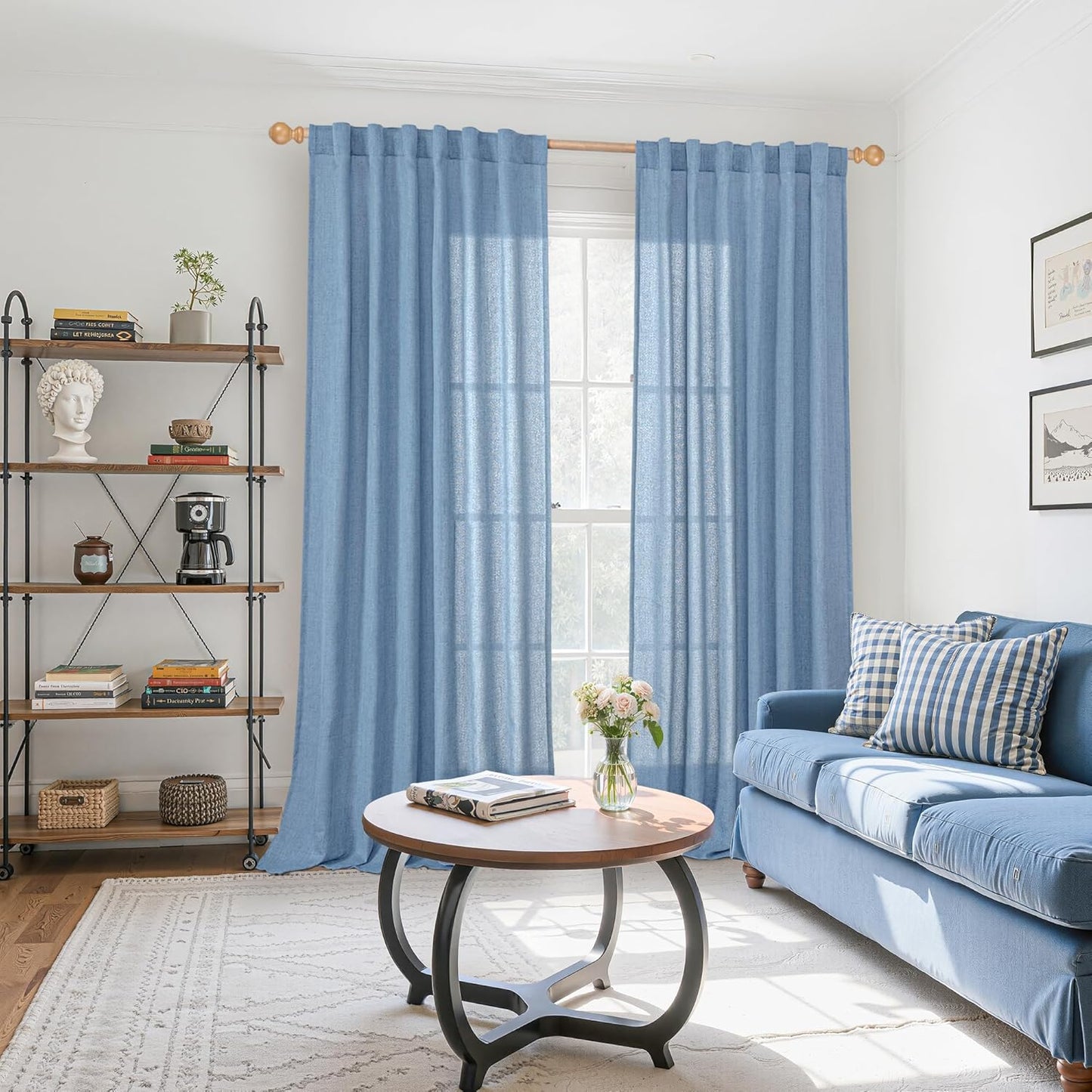 YoungsTex Denim Blue Linen Curtains 90 Inch Length for Living Room, Light Filtering Semi Sheer Window Drapes Rod Pocket Back Tab Curtain Extra Long for Bedroom Office Privacy, 2 Panels, 52 X 90 Inch