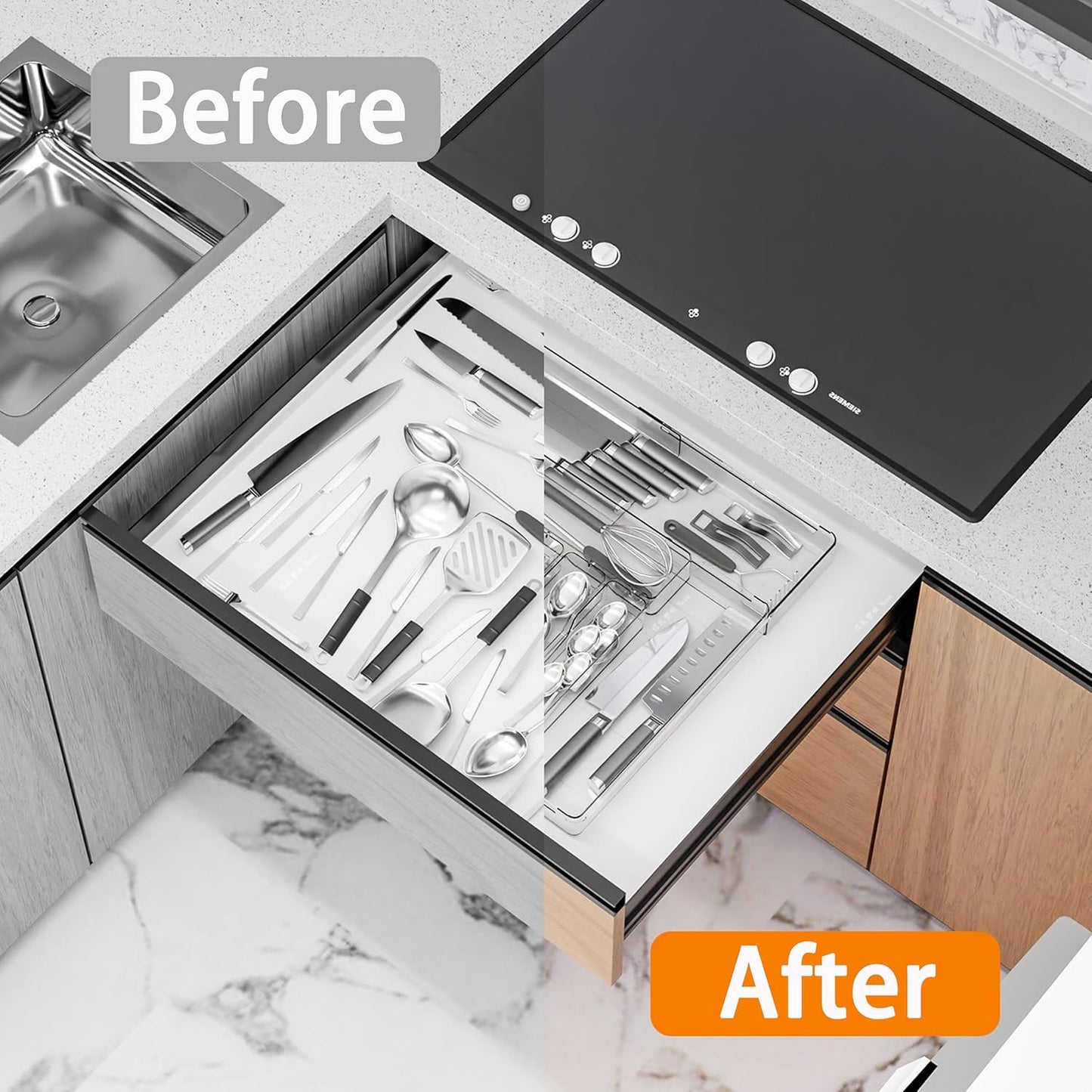 Silverware Drawer Organizer, Expandable Utensil Tray for Kitchen Drawers,BPA Free Flatware and Cutlery Holder,Adjustable Plastic Storage for Utensil like Spoons, Forks, Knives.Clear