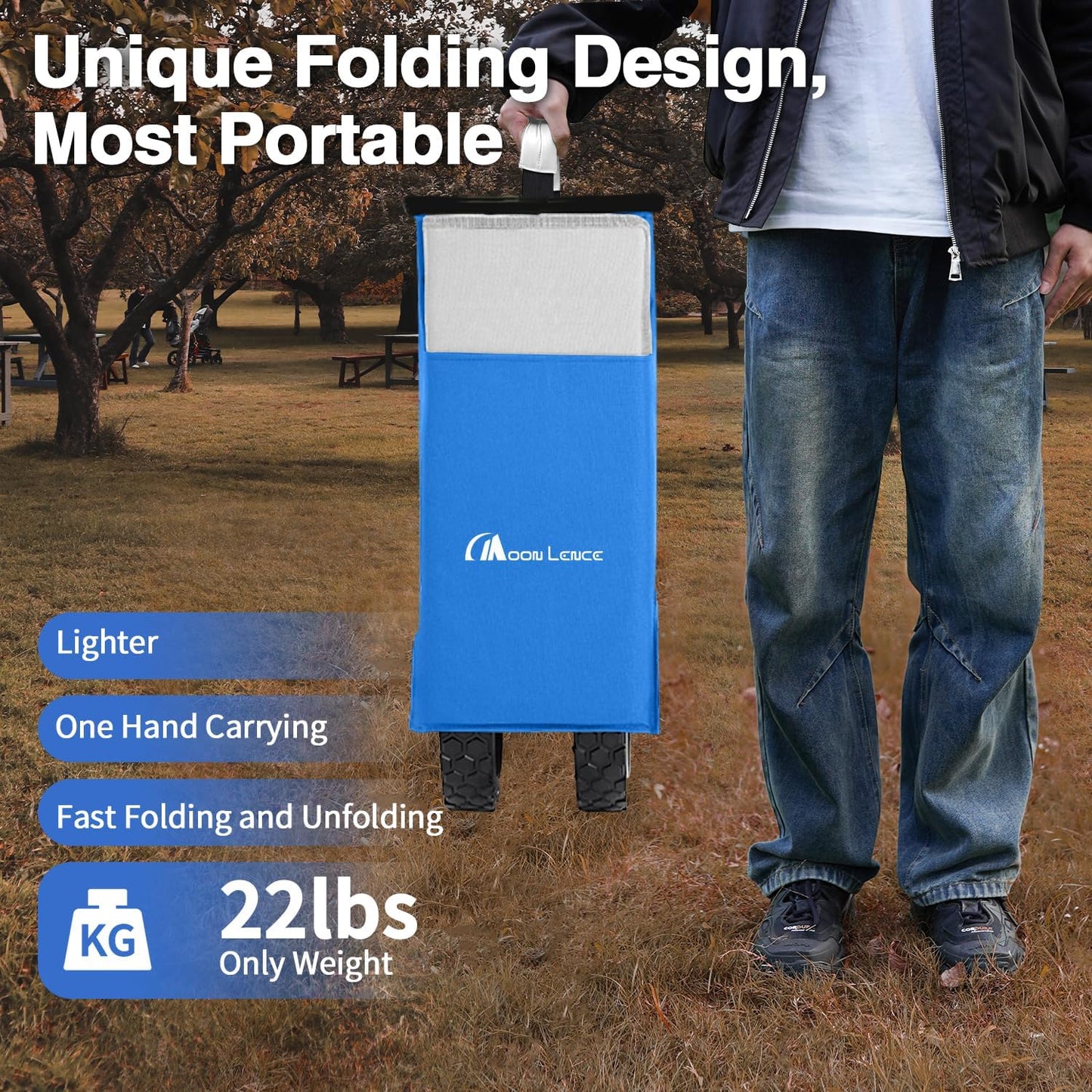 Moon Lence Collapsible Folding Wagon Cart Heavy Duty Folding Garden Portable Hand Cart with All-Terrain Beach Wheels, Adjustable Handle & Drink Holders (Blue & Ivory)