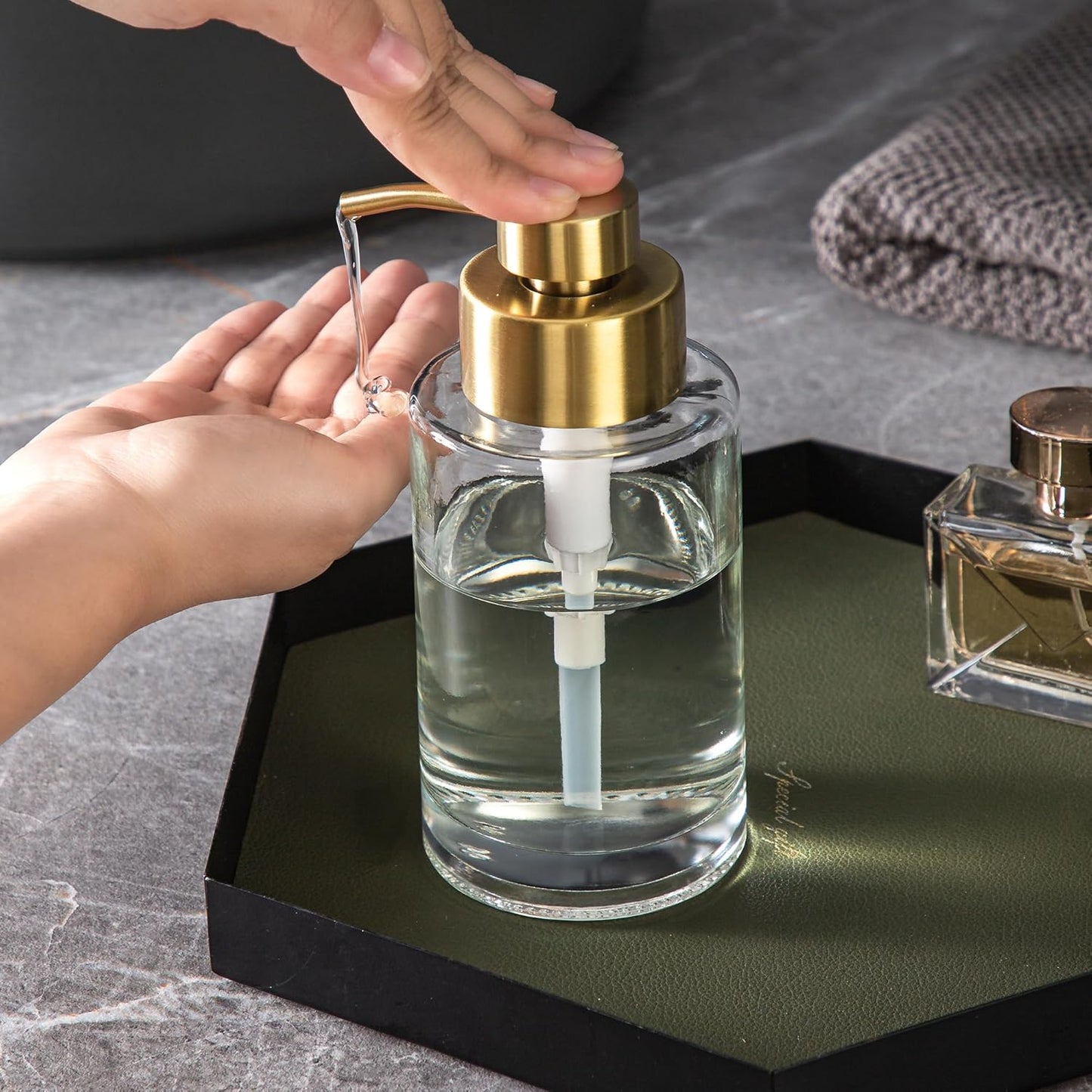 Enra Thick Glass Soap Dispenser with Stainless Steel Gold Pump,12oz Bathroom Hand Liquid Soap Dispensers,Lotion Dispenser,Soap Dispenser for Bathroom,Kitchen(Clear/Gold Liquid Type)