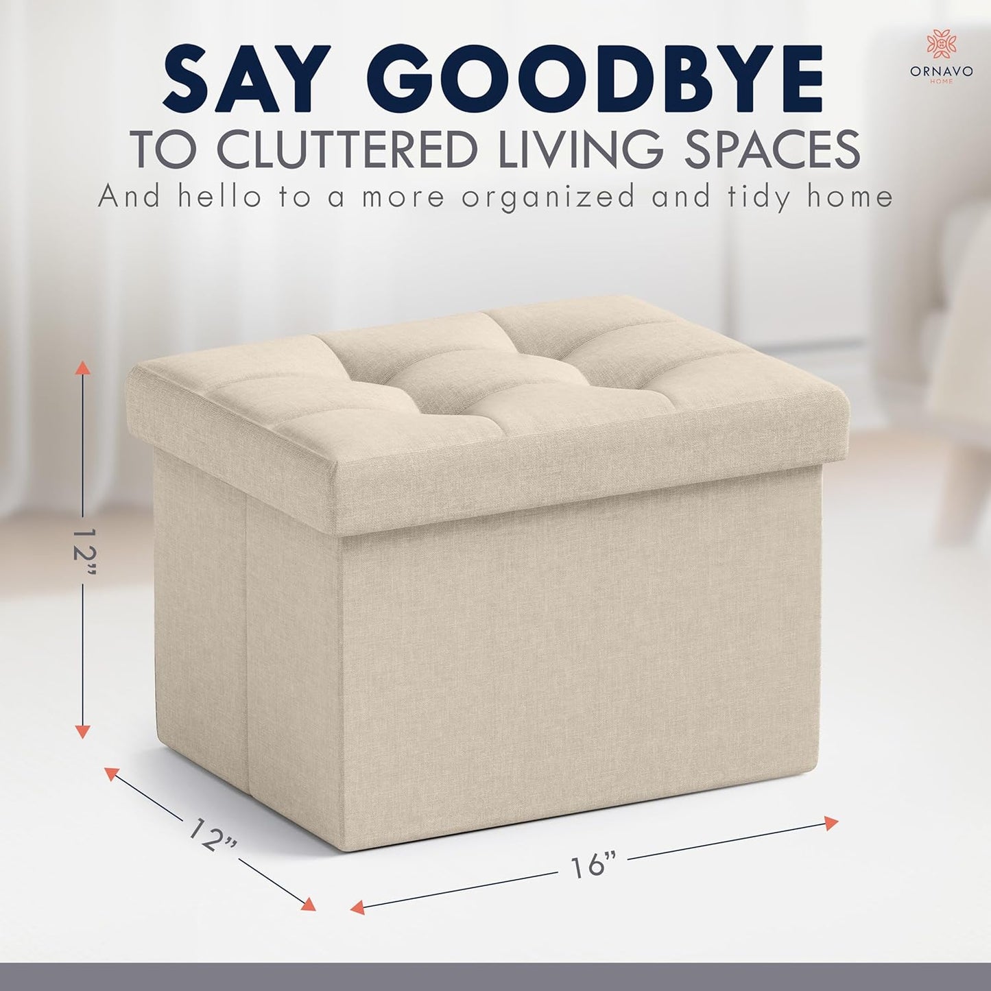 Ornavo Home Small Storage Ottoman, Set of 2, Foldable Collapsible Rectangle Linen Ottoman Foot Rest Stool Seat, for Living Room, Bedroom, Home Office, Dorm - 12 x 16 x 12, Beige